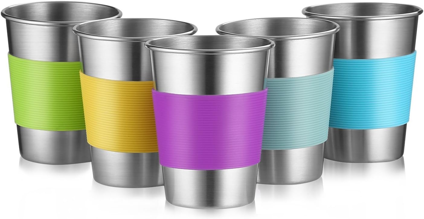 12oz Stainless Steel Cups, Metal Drinking Glasses for Kids & Adults, 5-Pack | Metal pint cup tumblers, 18/8 food-grade stainless steel, unbreakable