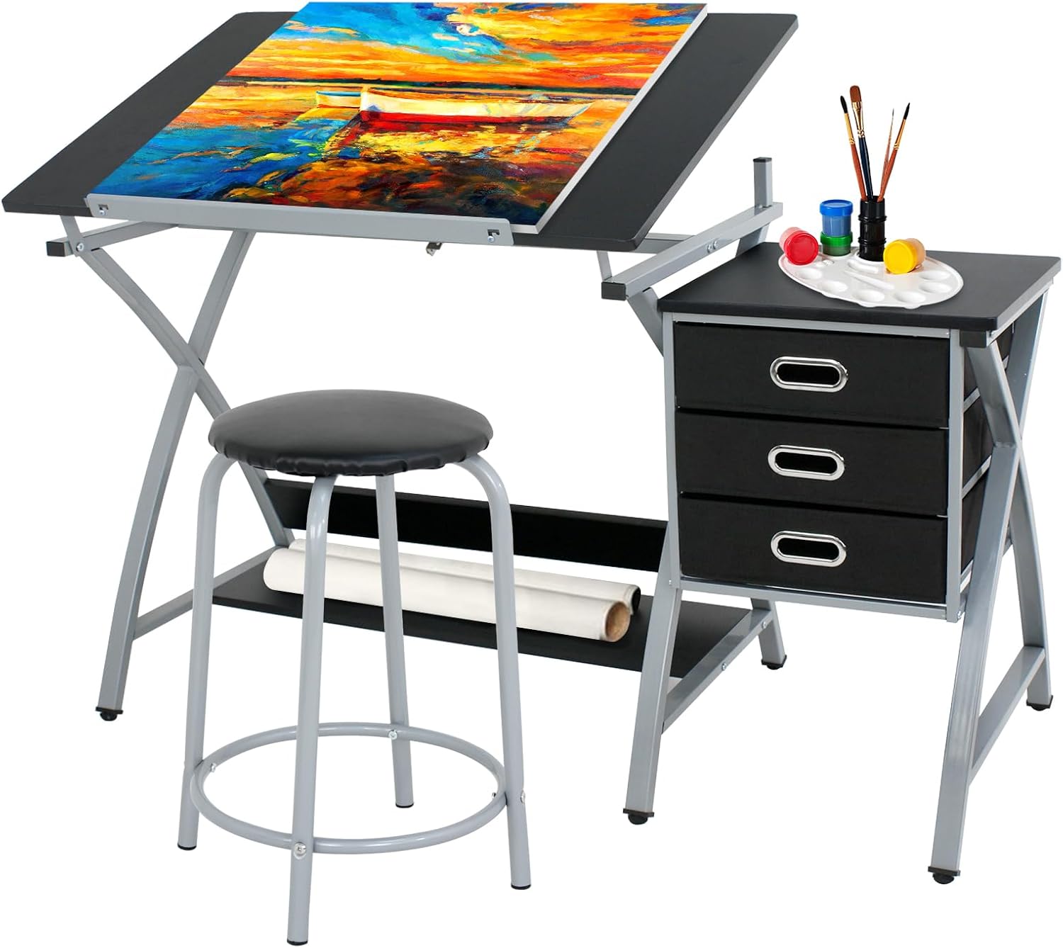 ZENY Drafting Table and Stool, Tilted Draft Table Desk w/Drawers, Artist Drawing Desk Craft Table for Drafting, Painting, Reading, Writing