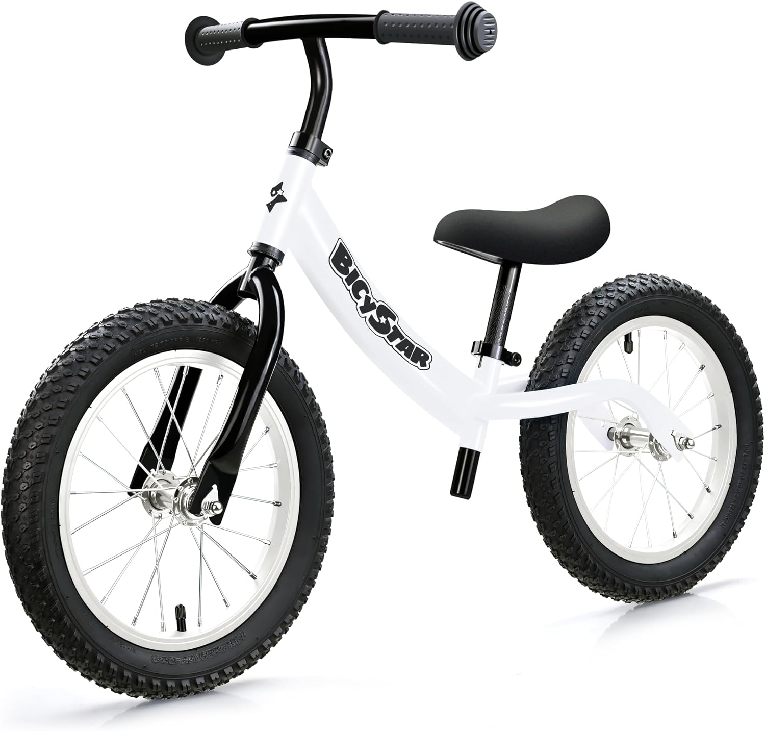 bicystar 14 Inch Balance Bike for Kids 3-5 with Rubber Air Tires, White | lightweight frame, adjustable seat & handlebar, easy assembly, outdoor riding, footrest, no pedals
