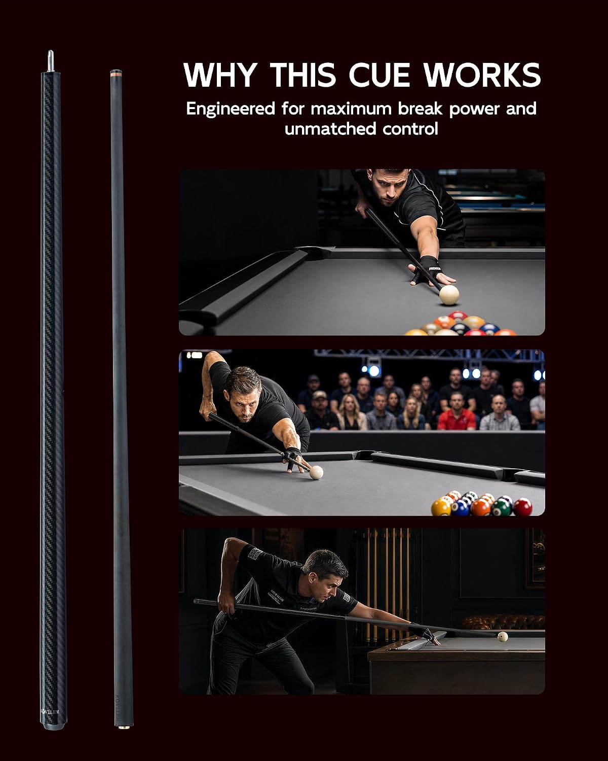 KONLLEN Carbon Fiber Break Cue, 58-Inch Pool Stick, 13mm Tip | Carbon shaft, 2-piece design, firm tip setup, built for dedicated break shots