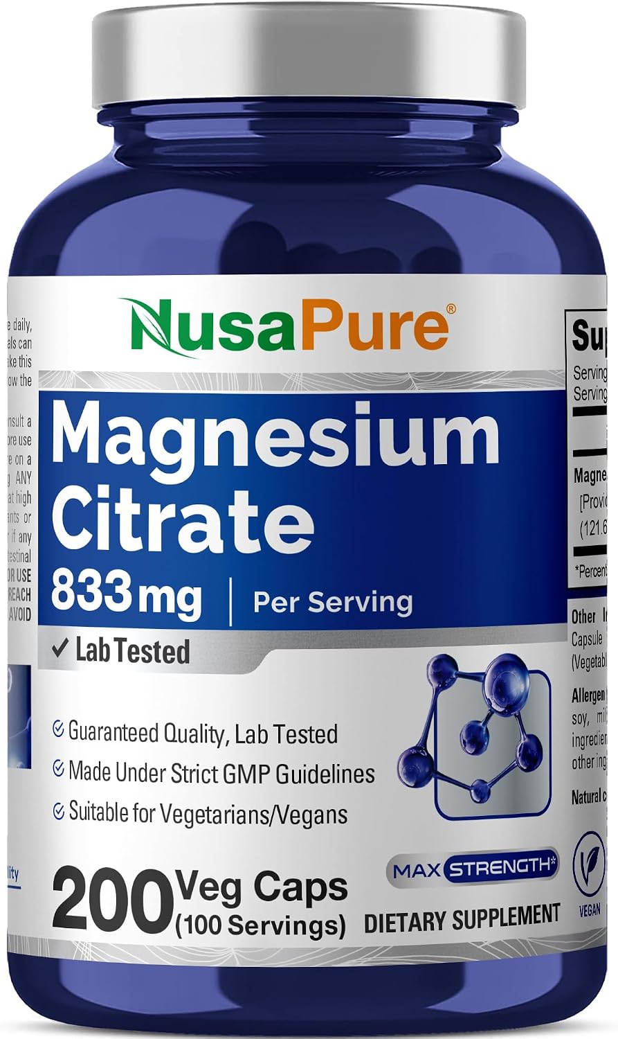 Magnesium Citrate, Non-GMO, Vegan, 833mg, 200 Veg Capsules - 100 Servings | Mineral Formulation, 14.6% Elemental Magnesium Citrate