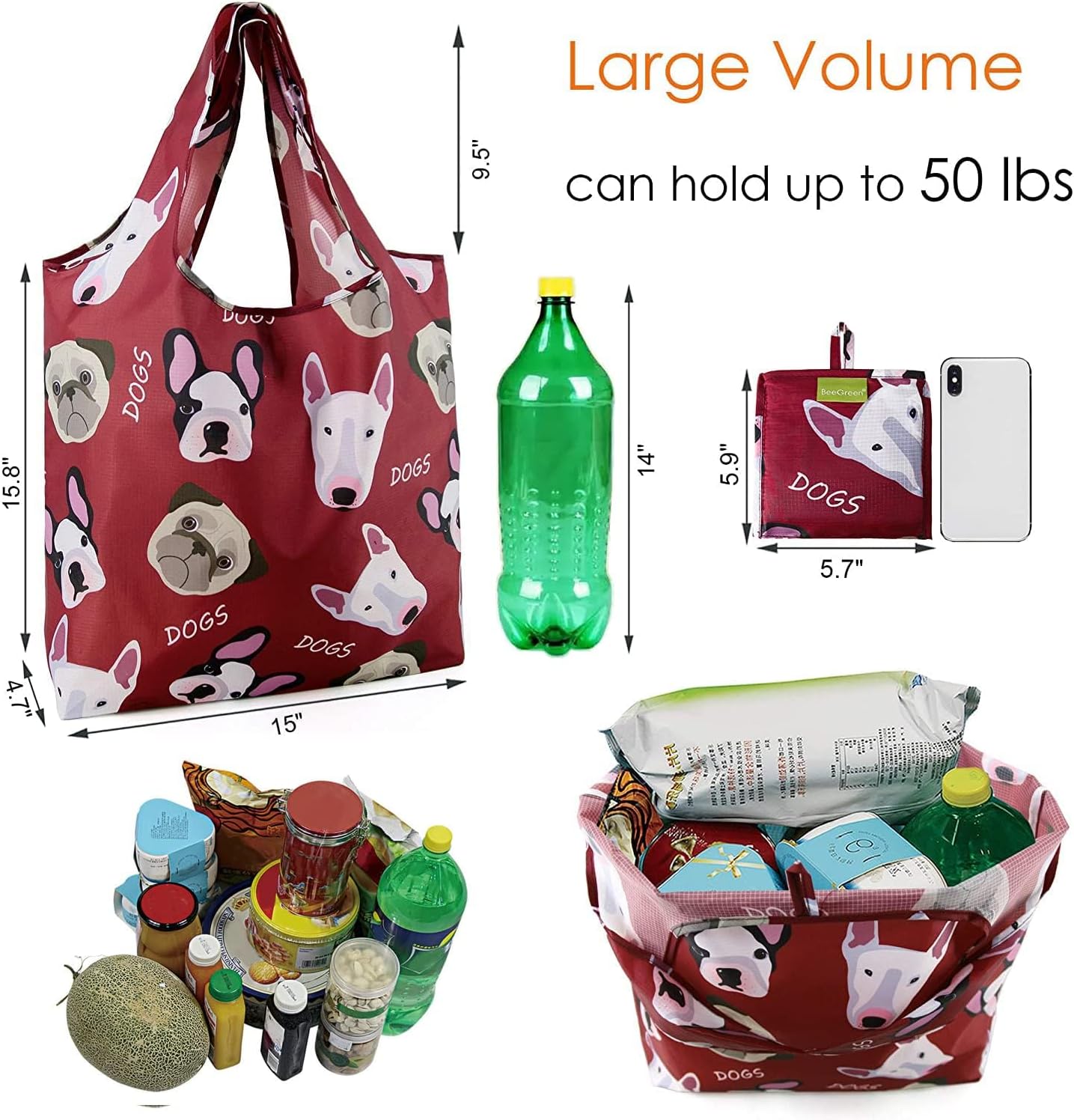 BeeGreen Grocery Bags | Reusable Gift Bags, Large Tote for Women & Foldable Beach Bag - 6 Pack Reusable Bag With Handles | Collapsible Cute Cloth Storage for Market, Holiday & Shopping | Washable​