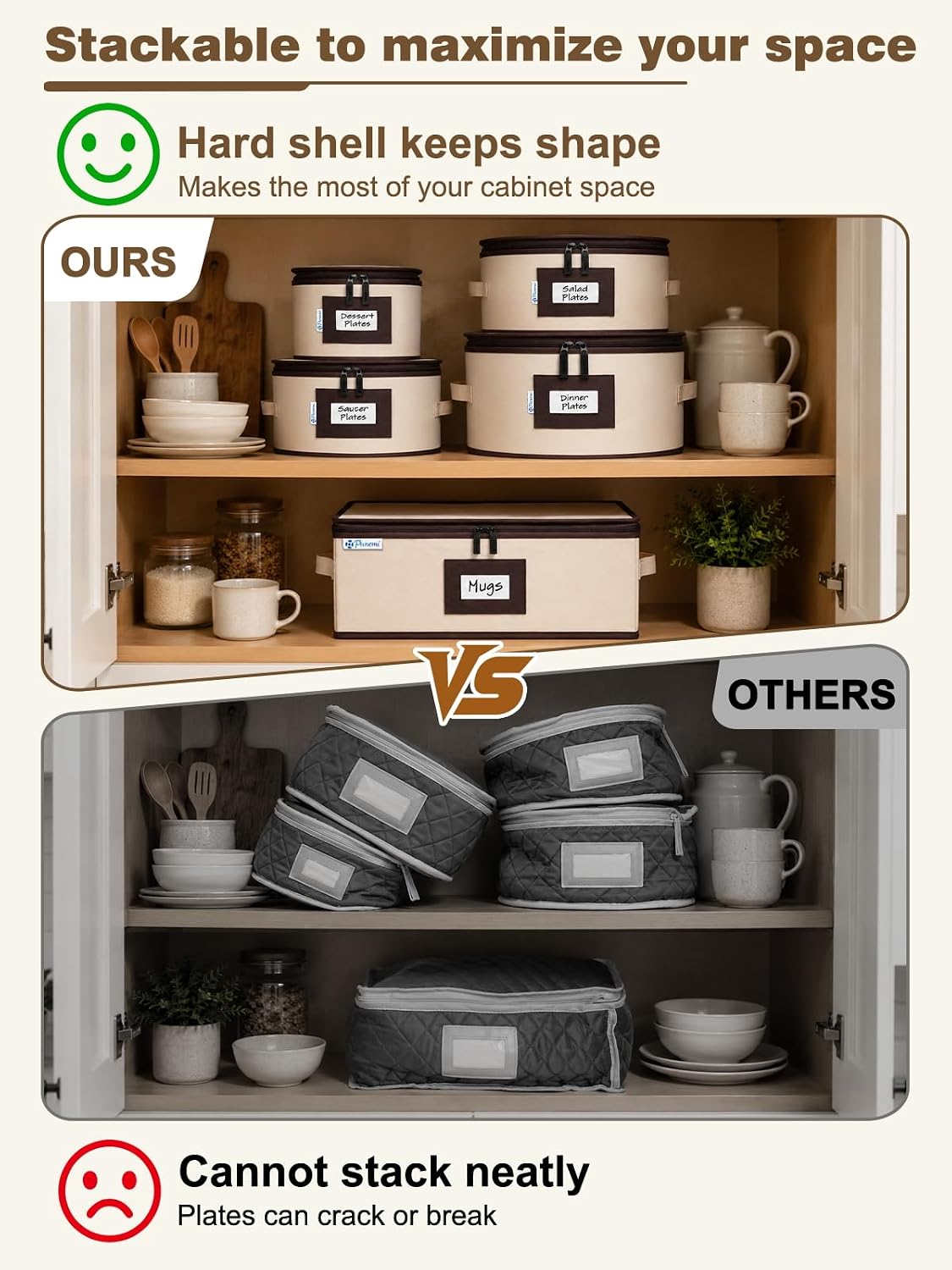 China Storage Containers, 4-Pack Hard Shell Plate & Dish Cases for Moving | Padded dividers and quilted lining protect plates and dishes; stackable for moving and holiday storage, beige hold set of 12