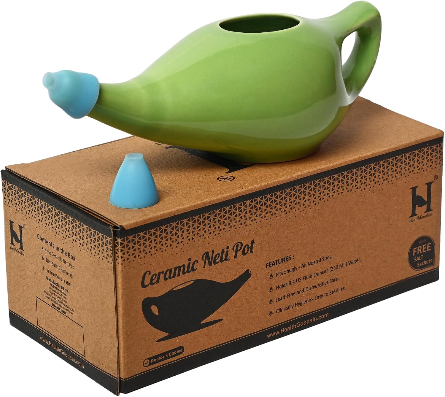 HealthGoodsIn Ceramic Neti Pot, Dishwasher Safe, Premium Handcrafted with 2 Silicone Nozzle and Salt for Sinus - 225 Ml. Capacity (Brown)