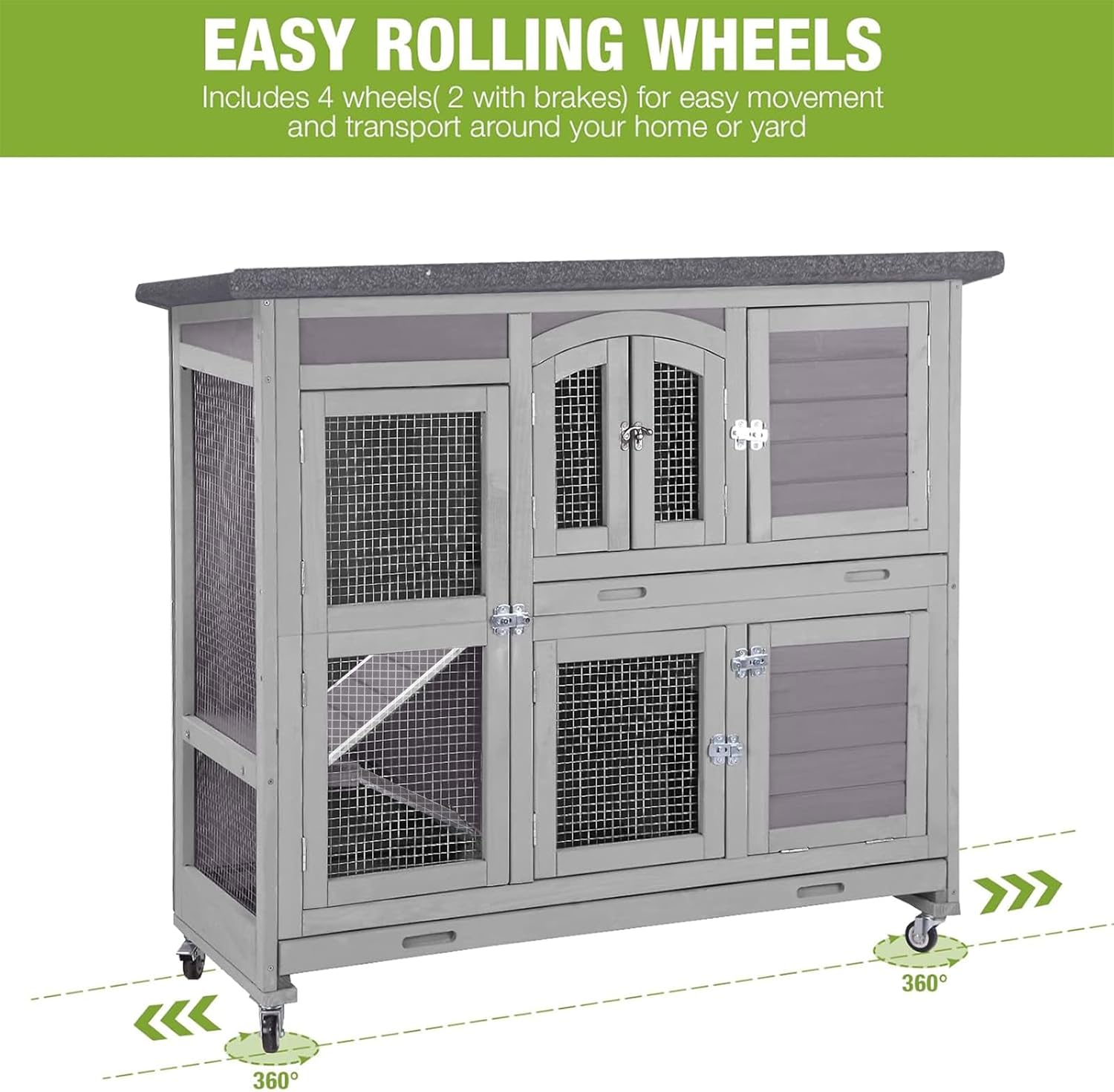 GUTINNEEN Rabbit Hutch Indoor Outdoor Bunny House Guinea Pig Cage on Wheel with Plastic Tray