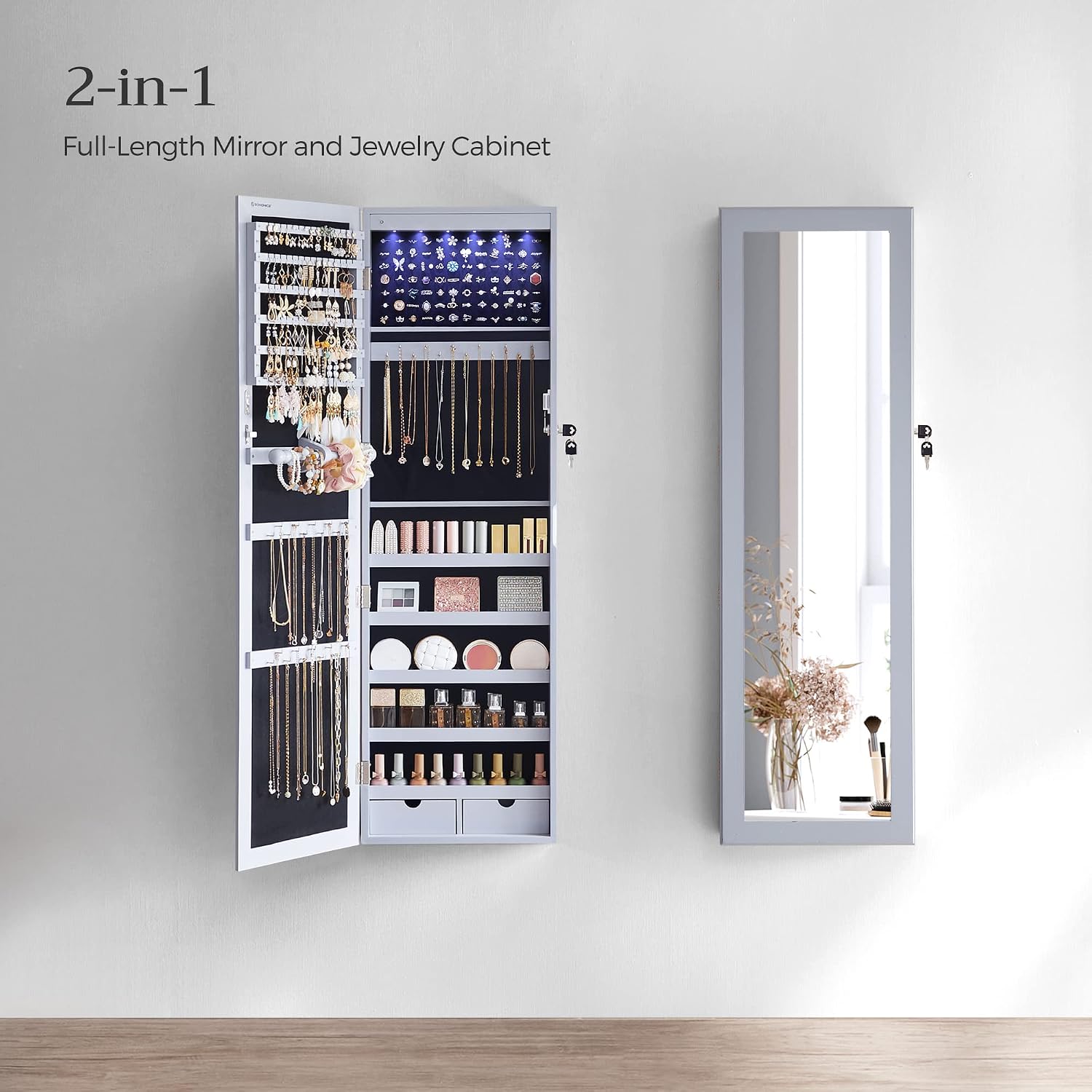 SONGMICS 6 LEDs Mirror Jewelry Cabinet, 47.2-Inch Tall Lockable Wall or Door Mounted Jewelry Armoire Organizer with Mirror, 2 Drawers, 3.9 x 14.6 x 47.2 Inches, White UJJC93W