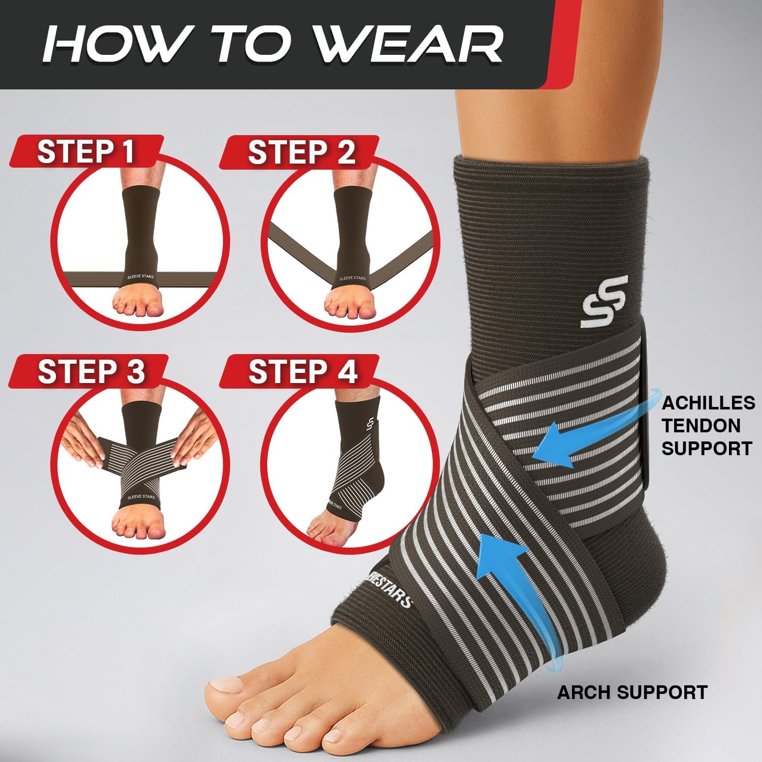 Sleeve Stars Ankle Brace for Women & Men, Ankle Wrap for Sprain, Compression Sleeve for Plantar Fasciitis Relief, Easy Customizable Support: w/ Removable Strap (Single/M:10"-12"/Black)
