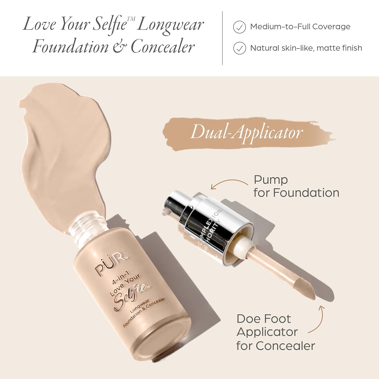 PÜR MINERALS 4-in-1 Love Your Selfie Foundation & Concealer - Longwear Medium-to-Full Coverage Liquid Makeup Foundation with Hydrating Blend for Refined-Looking, Natural Beauty Glow & Skin Texture