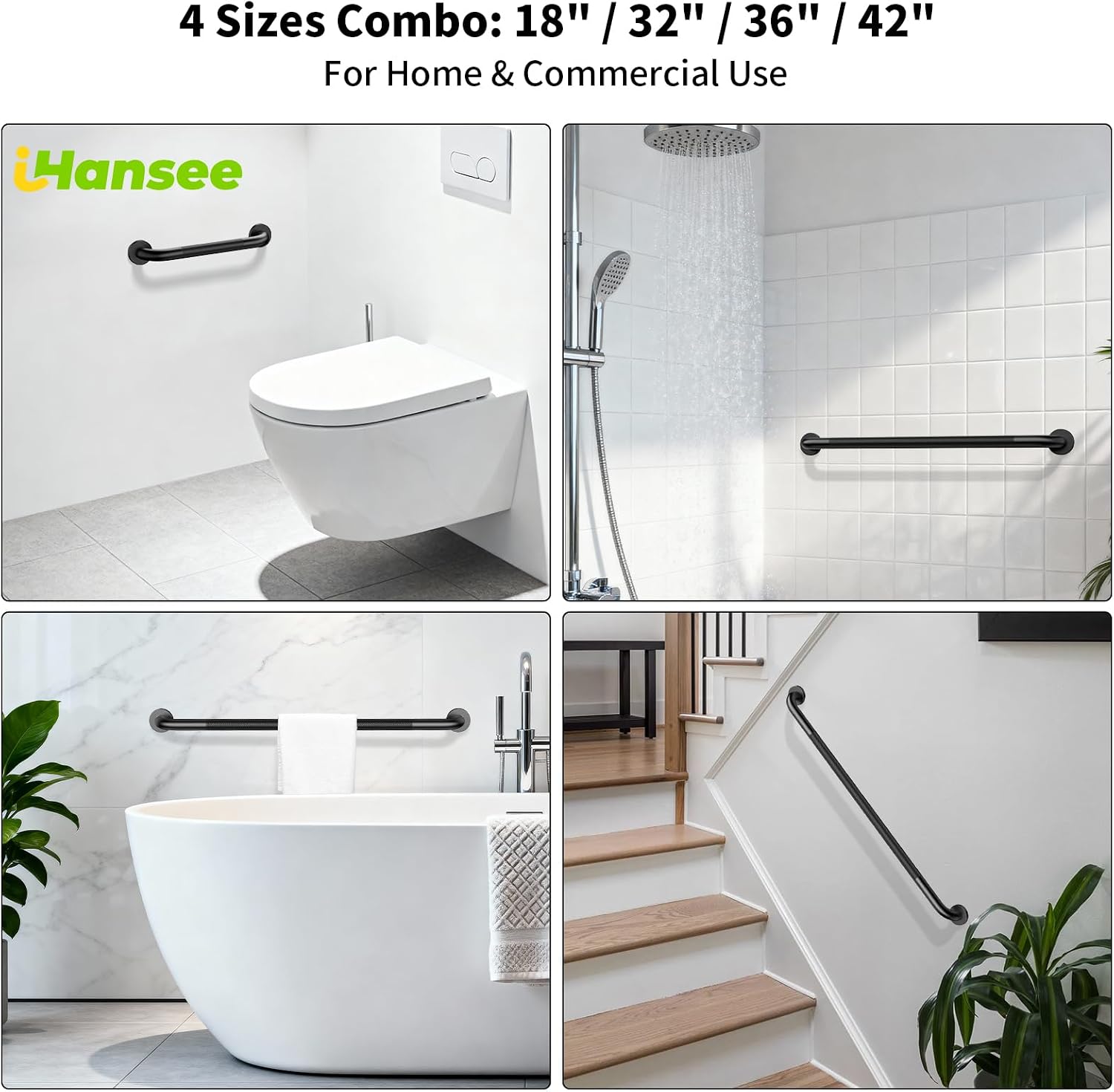 Brushed Nickel Grab Bars 18" 32" 36" 42" Bundle - 1.25" Diameter | 4 Pack Commercial Grab Bar, Anti-Slip Safety Shower Handrail, Toilet Handicap Bar, Stainless Steel Bathroom Handle for Senior