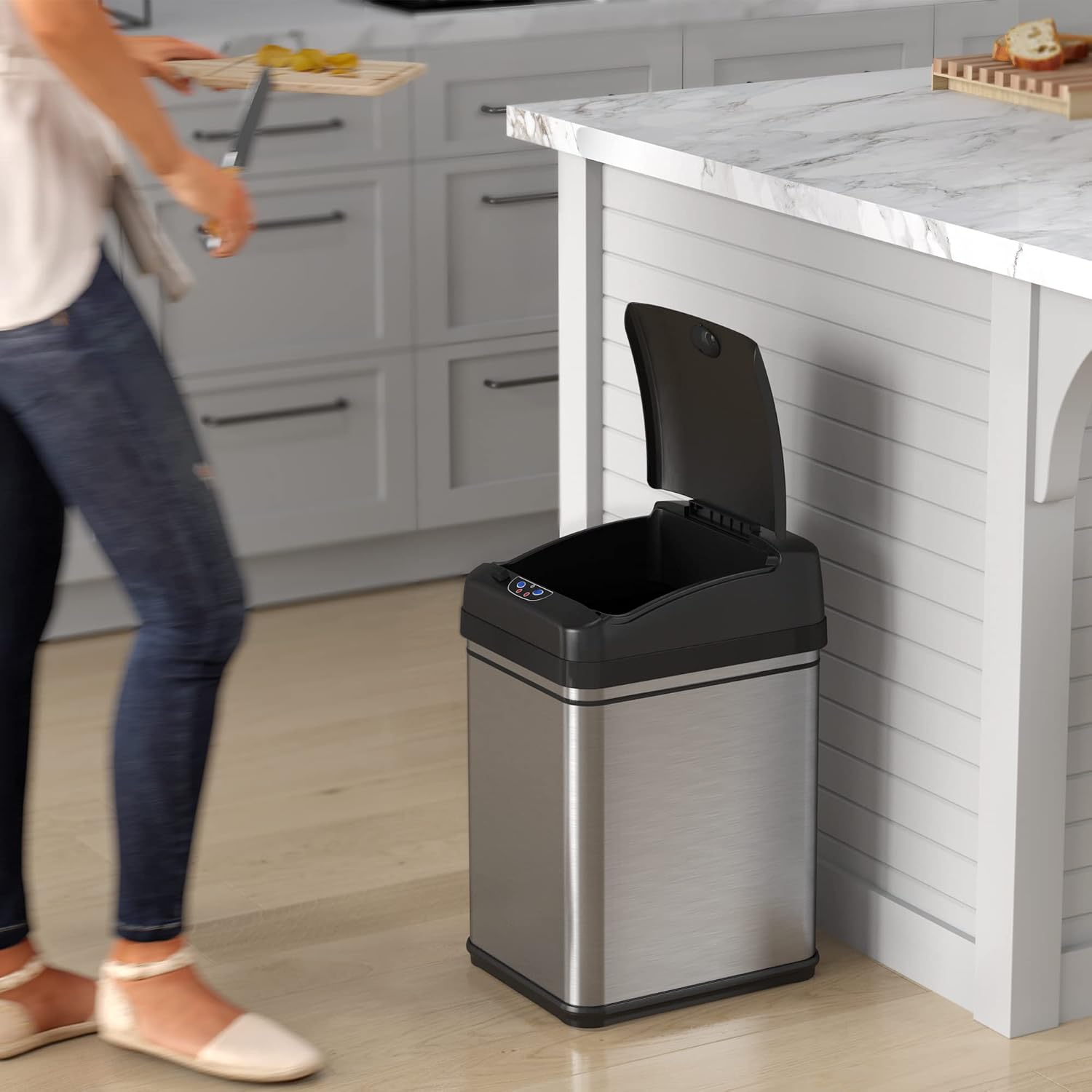 iTouchless Glide 13 Gallon Sensor Garbage Can with Wheels and Odor Control System, Stainless Steel, Automatic Kitchen Bin and Office Trash Bin (Powered by Battery or Optional AC Adapter)