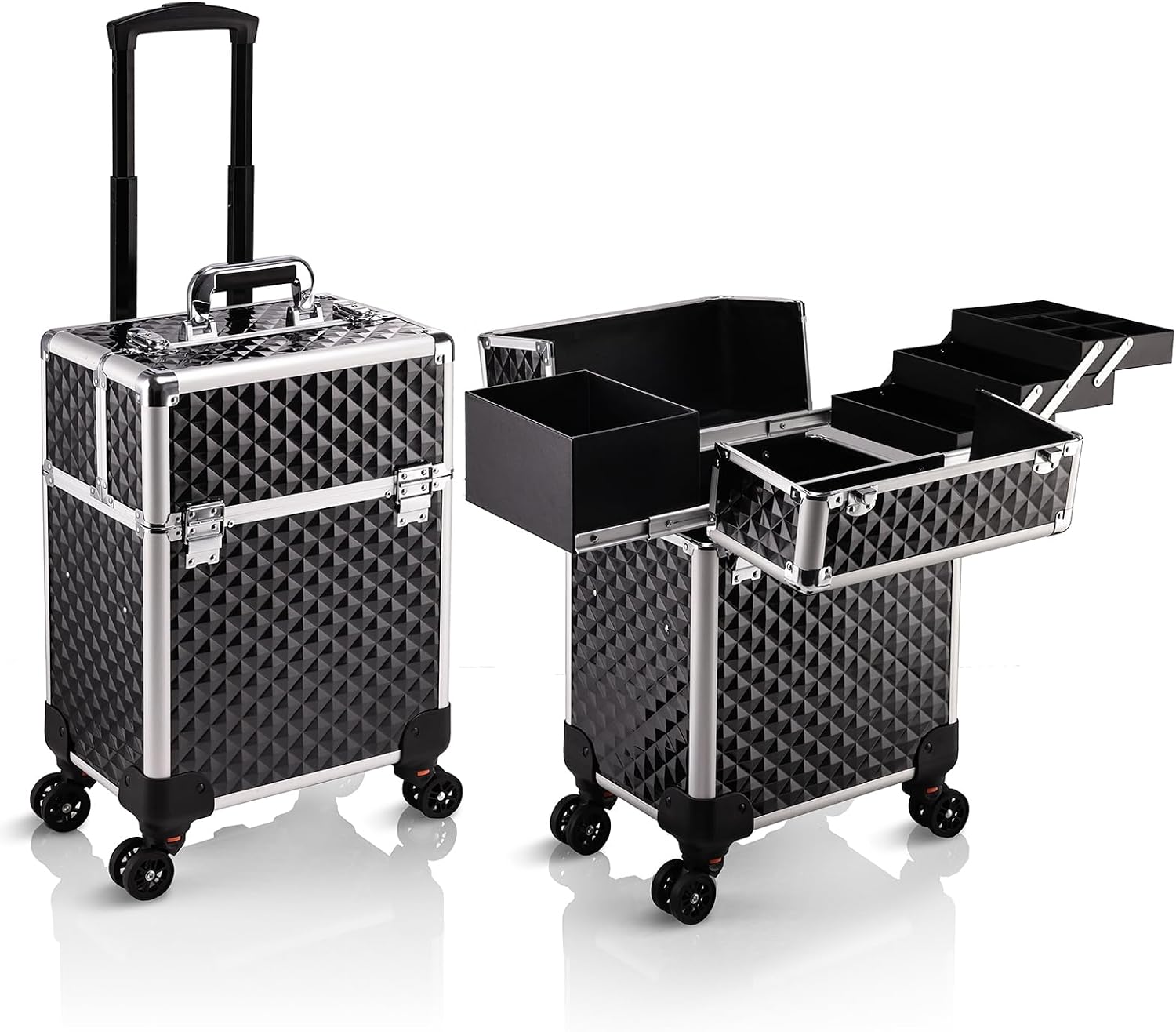 Stagiant Rolling Makeup Train Case Large Storage Cosmetic Trolley 4 Tray with Sliding Rail Removable Middle Layer with Key Swivel Wheels Salon