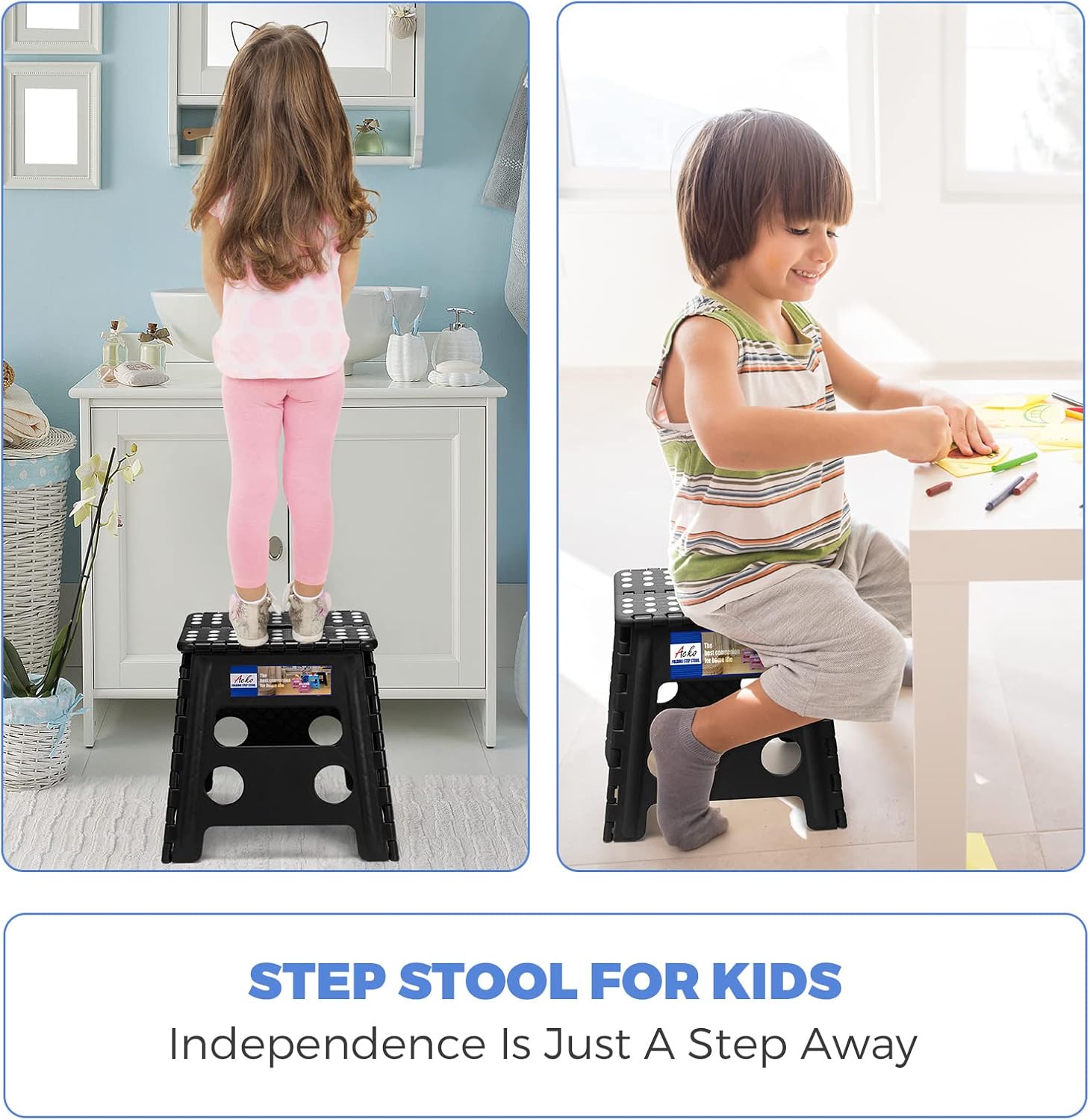 ACKO 13 Inch Folding Step Stool, Holds 300 lb for Adults and Kids, Black | Collapsible Heavy Duty Foldable Stools, Portable Non-Slip Foot Stepping stool, Kitchen Bathroom Bedroom Outdoor with Handle