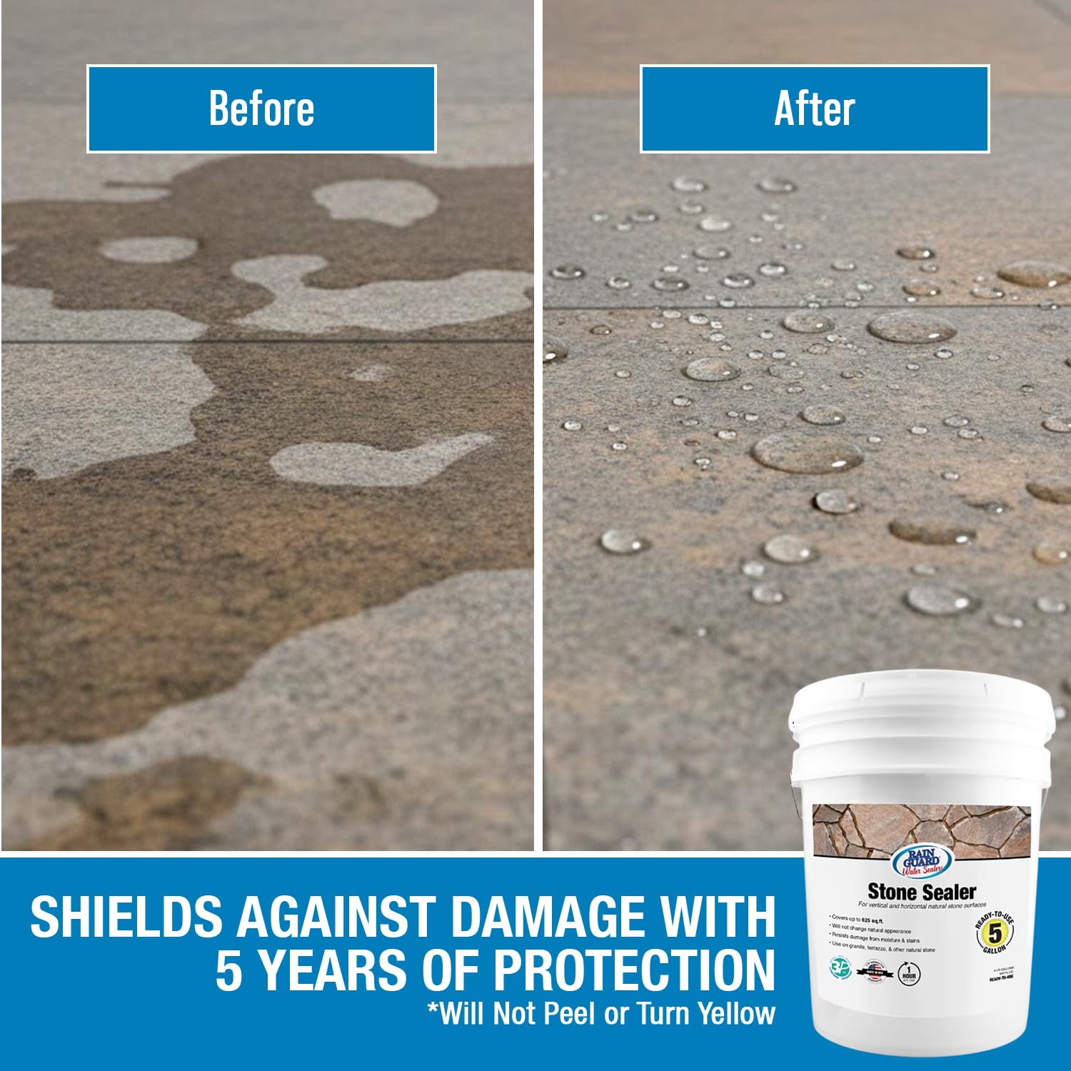 Rainguard Water Sealers Stone Sealer, Penetrating Protection Against Moisture Damage and Stains, for All Stone Surfaces, Silane/Siloxane Waterproofer, Natural Finish, Ready to Use, 5 Gallons | Silane Siloxane Waterproofer, Protects Against Moisture Damag…