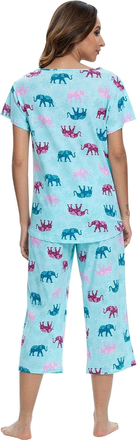 ENJOYNIGHT Womens Pajama Set Cotton Short Sleeve Top With Capri Pants Pj