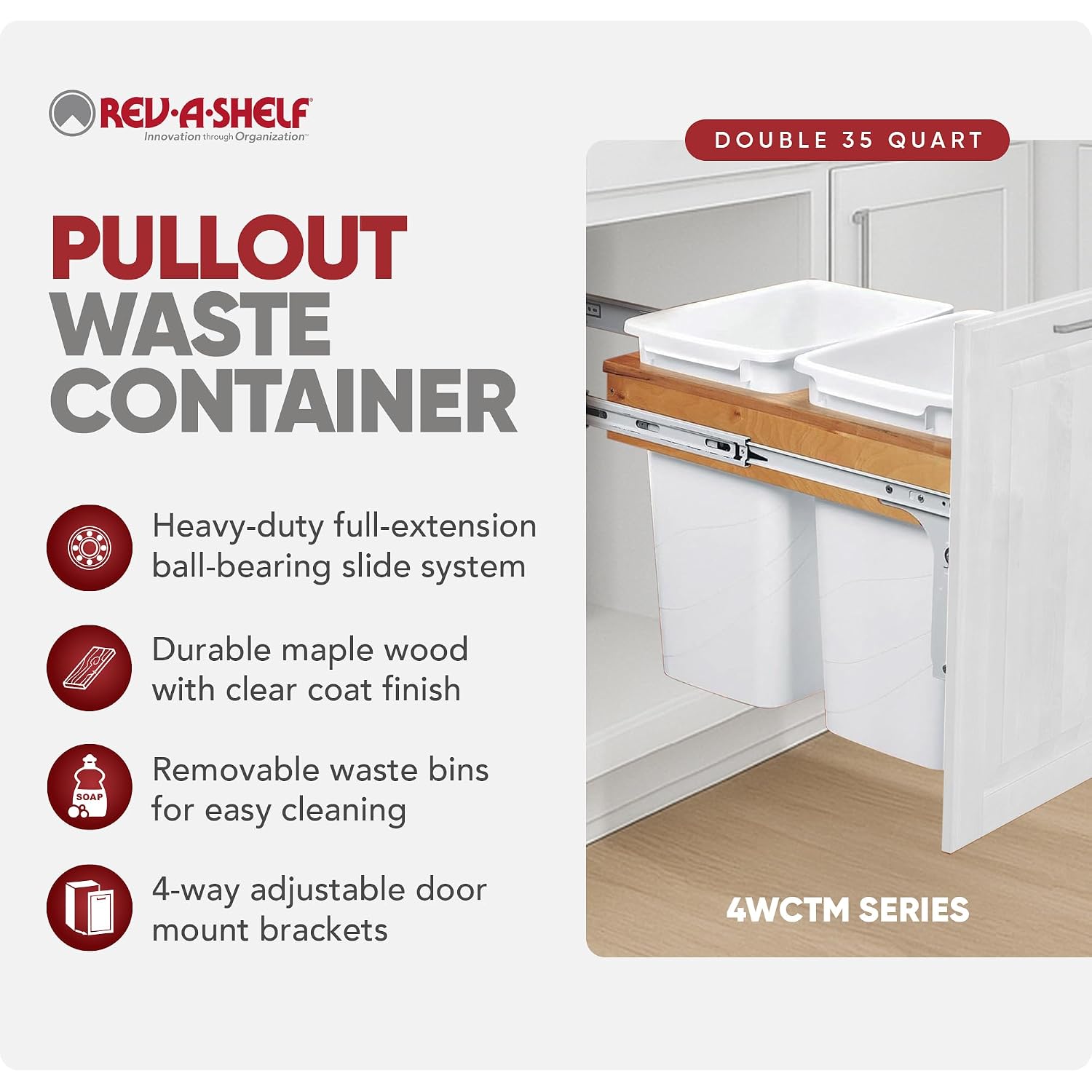 Rev-A-Shelf Top Mount Double Pullout Under Cabinet 50 Quart Kitchen Trash Cans w/Soft-Close for Full Height Cabinet, 150 Pound Rated Full-Extension Slides, 4WCTM-2150BBSCDM-2