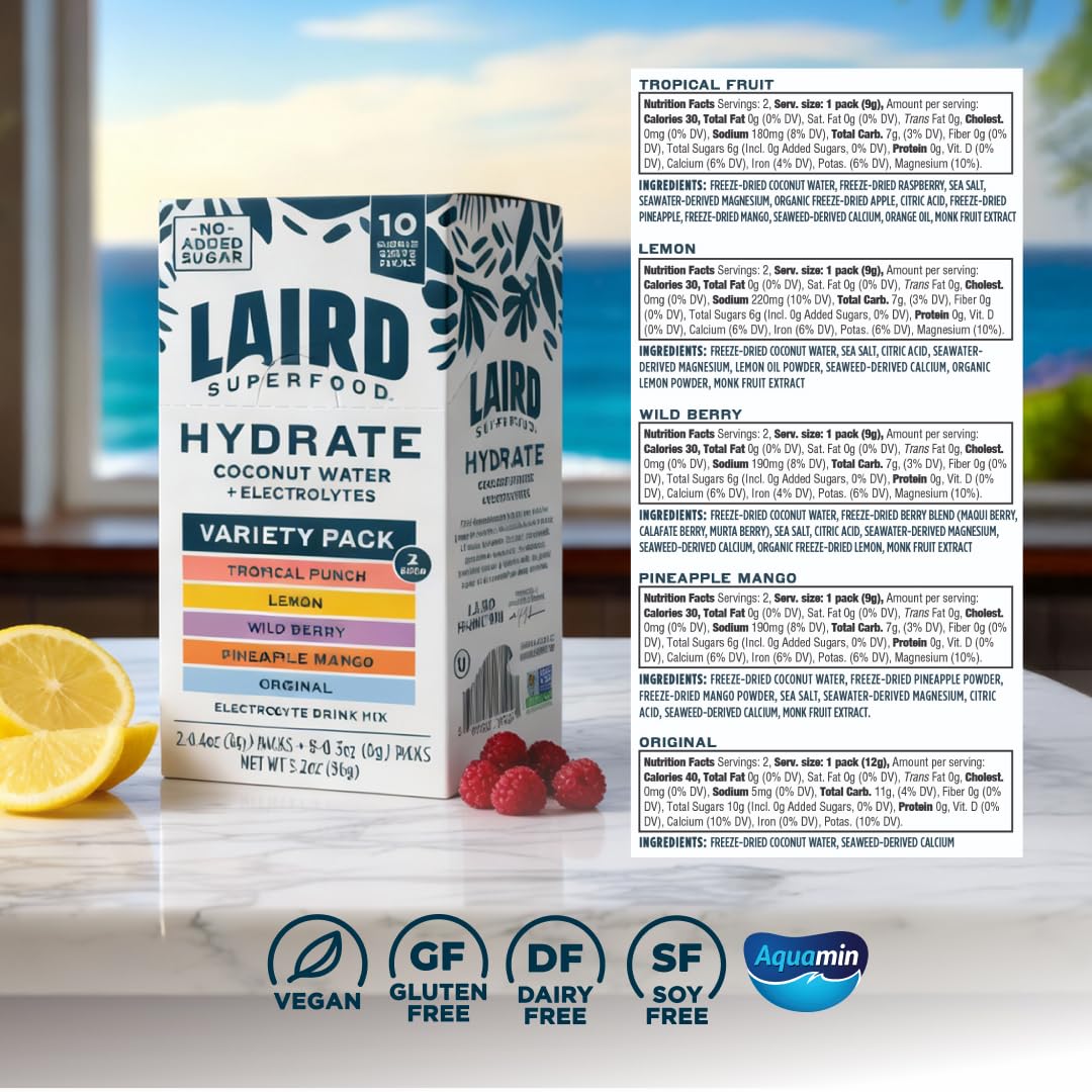 Laird Superfood HYDRATE Coconut Water Powder Drink Supplement with Coconut Water and Auqamin, All Natural, No Added Sugars, Gluten-Free, Non-GMO, Vegan, 8 oz. Bag, Pack of 1