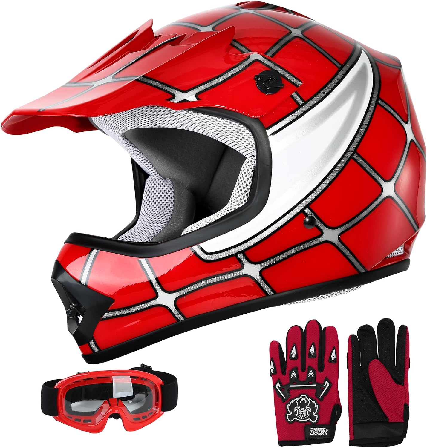 SLMOTO ATV Helmets for Kids Youth DOT Motocross Offroad Street Helmet Motorcycle Blue Helmet Dirt Bike Motocross Helmet+Goggles+Gloves