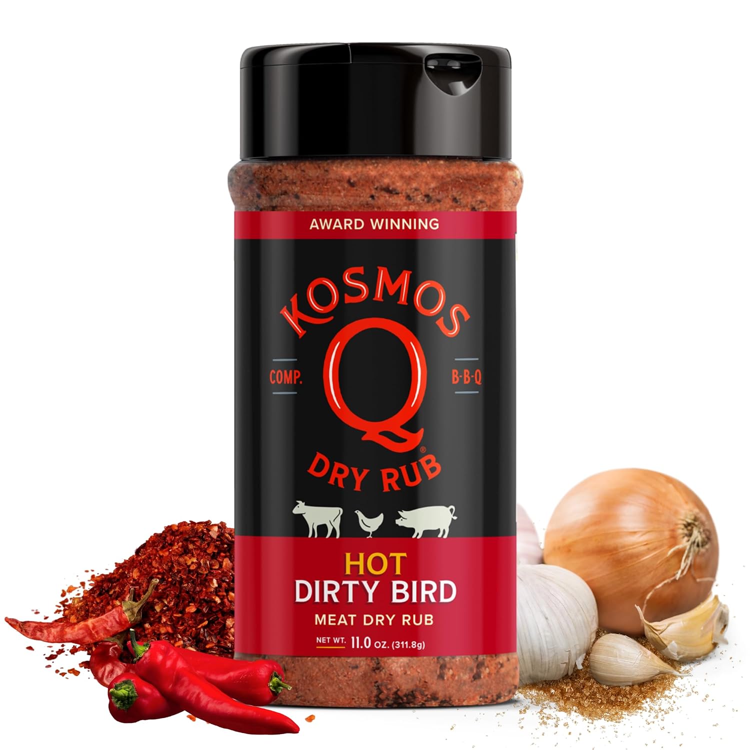 Kosmos Q Hot Dirty Bird BBQ Dry Rub, Spicy Seasoning with Chili Pepper, Brown Sugar, Garlic & Onion for Chicken, Turkey, Ribs, Pork, Dry Rub for Smoking & Grilling Meat, BBQ Spice Blend, 11 Oz Bag