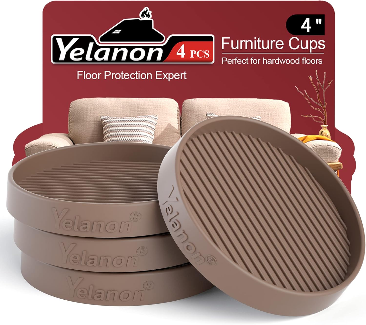 Yelanon Furniture Coasters 8 Pcs 3" Square Brown Caster Cups for Hardwood