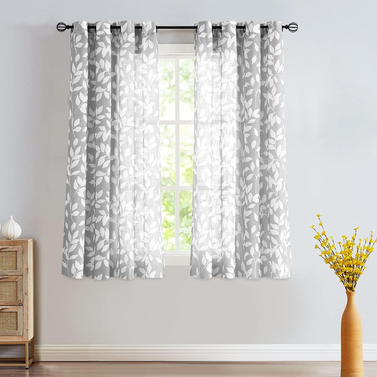 Leaf Semi Sheer Curtains for Bedroom Living Room 52x72" Taupe White Print 2