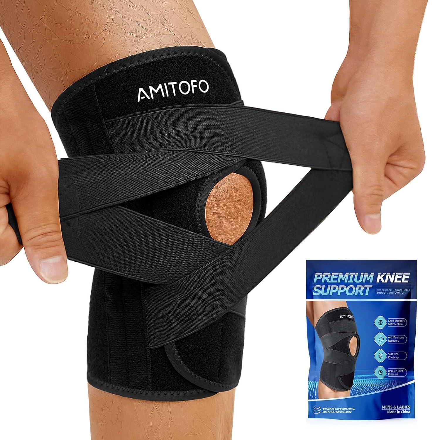 Knee Brace for Meniscus Tear, Spring Stabilizers for ACL MCL Black | Patella Gel Pad, Adjustable Medium Support Brace for Men and Women