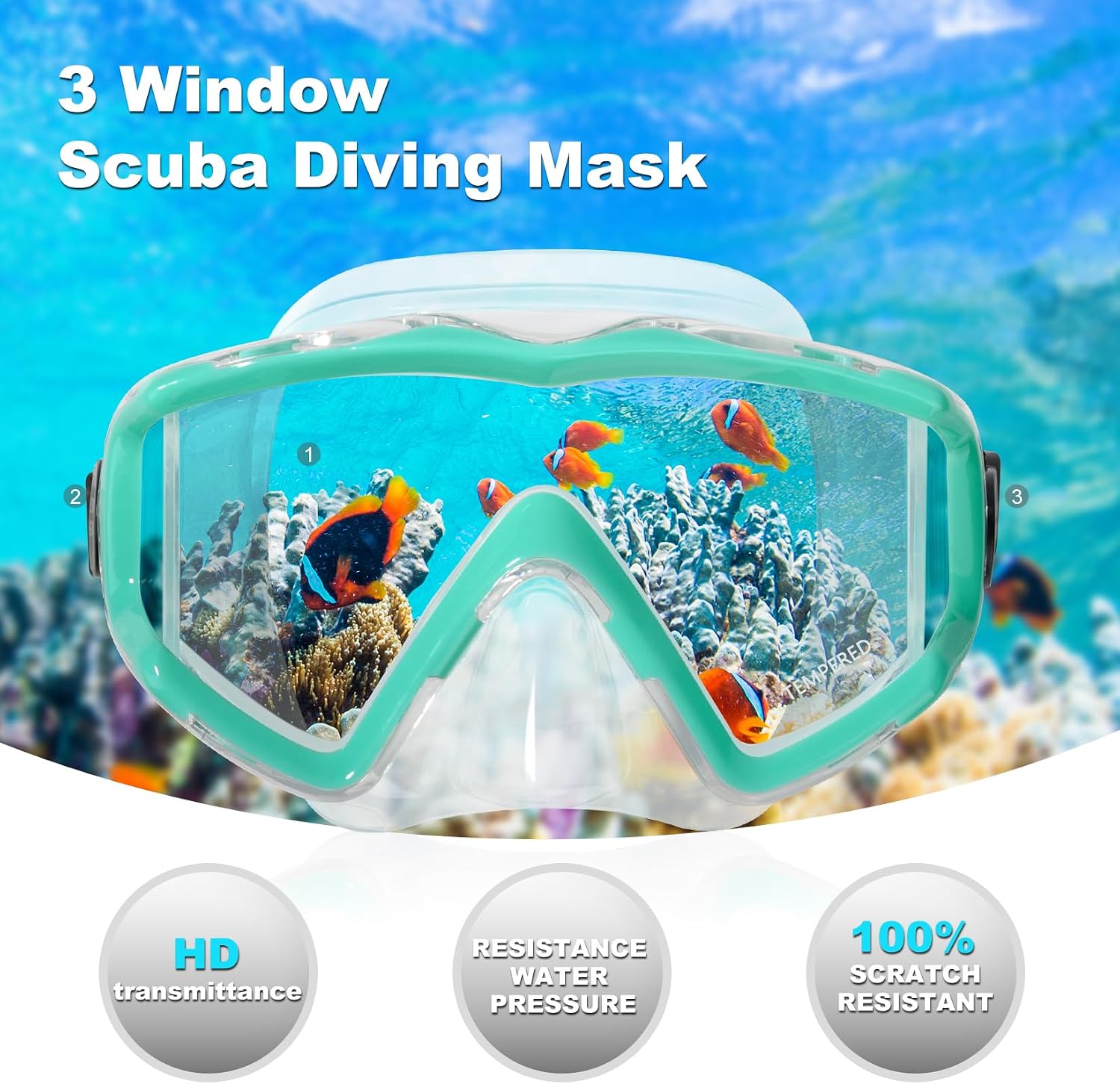 Adult Pano 3 Scuba Diving Mask, Tempered Glass Snorkel Mask Anti-Fog Swim Mask No Leakage Swim Goggles with Nose Cover Snorkeling Gear for Snorkeling