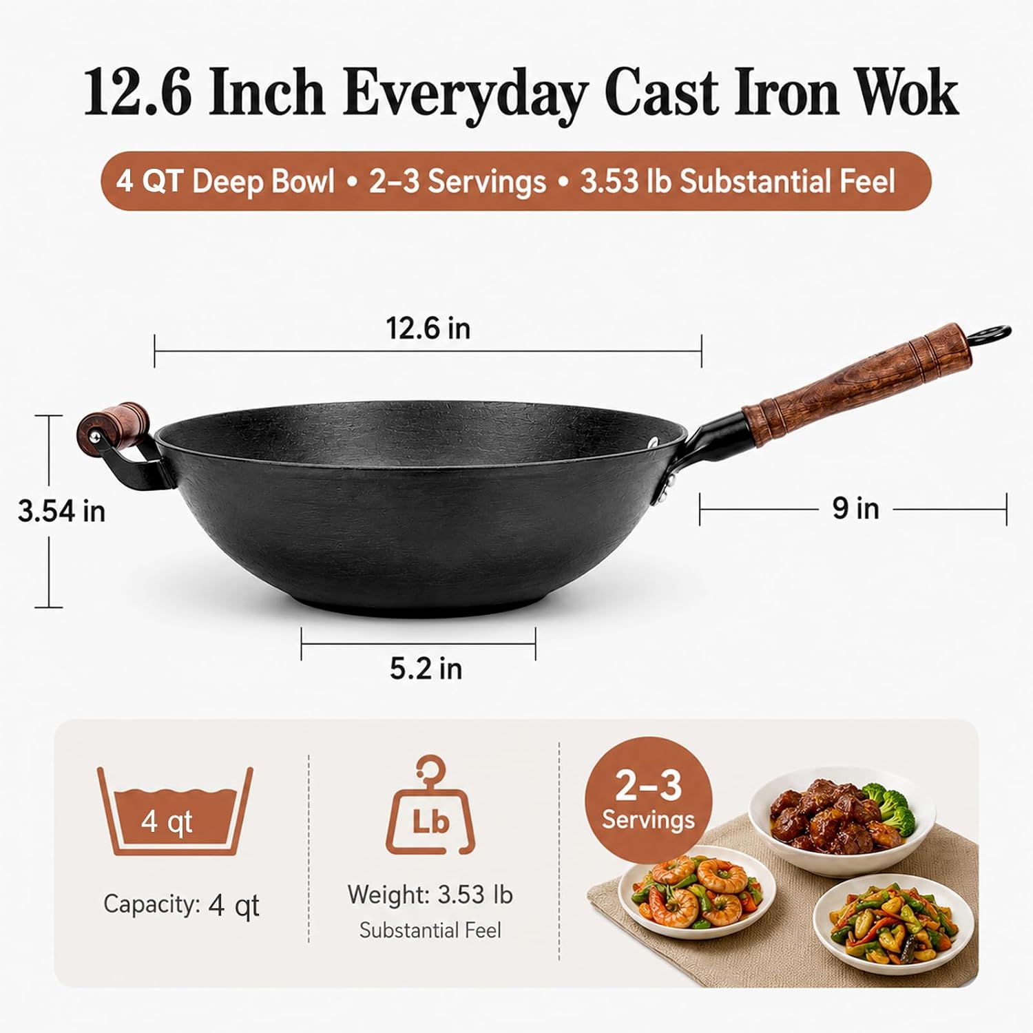WANGYUANJI 12.6 Inch Cast Iron Wok with Wooden Lid, Handcrafted Flat Bottom Chinese Stir Fry Pan, Uncoated Heavy-Duty Iron Wok for Induction, Gas