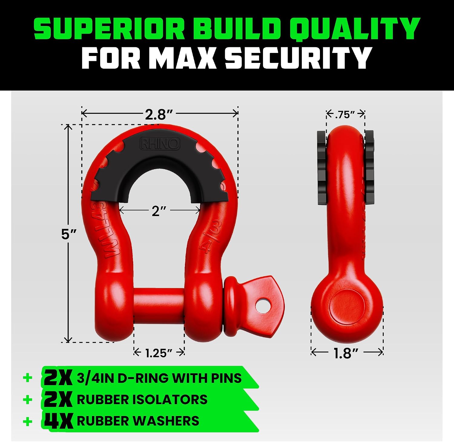 Rhino USA D Ring Shackles (2-Pack) - 41,850lb Break Strength