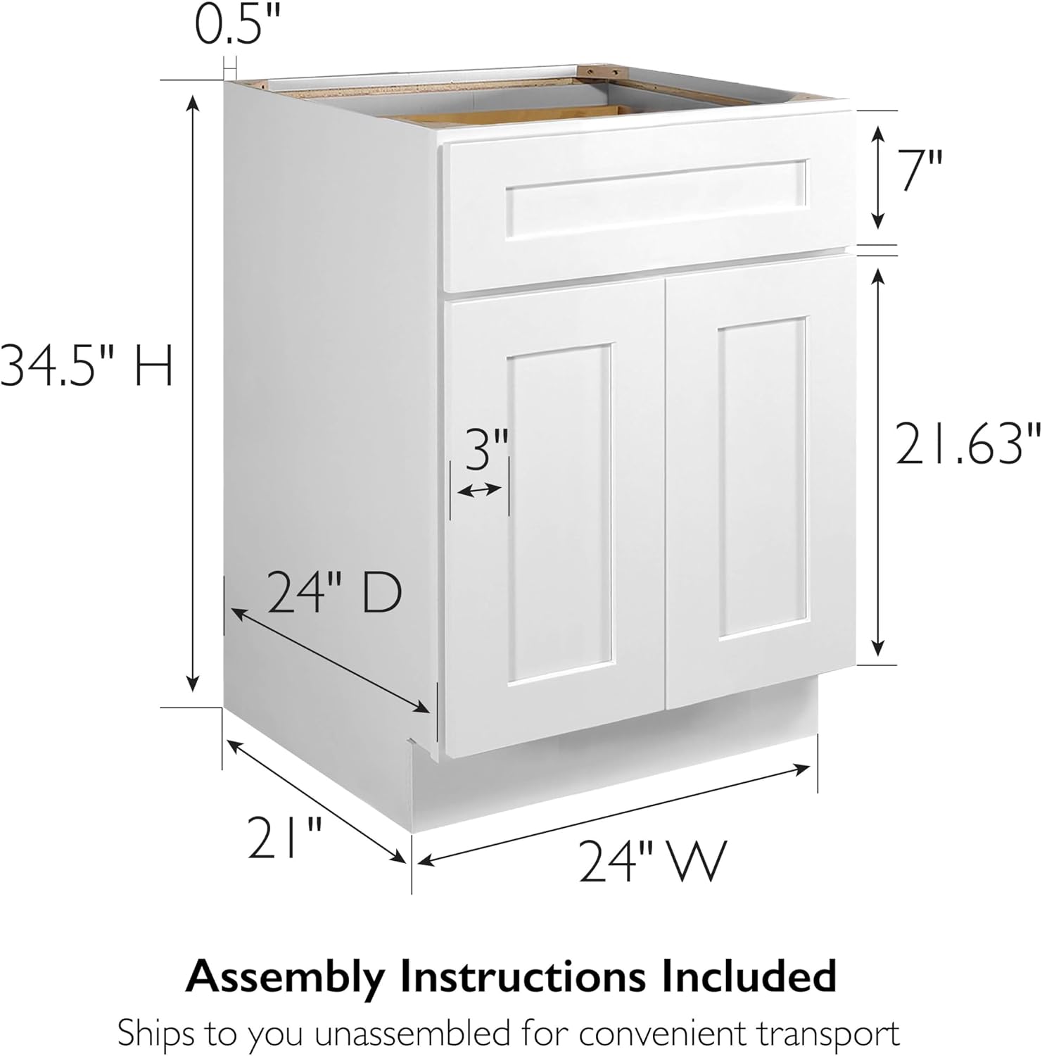 Brookings Shaker Unassembled Base Kitchen Cabinet B18, 18 W x 24 D x 34.5 H, Painted White with Sherwin Williams®, Solid Wood – Design House, 561340 | Adjustable Shelves, Adjustable Hinges, Floor Mount, Contemporary/Modern, Wood, Kitchen, 561340