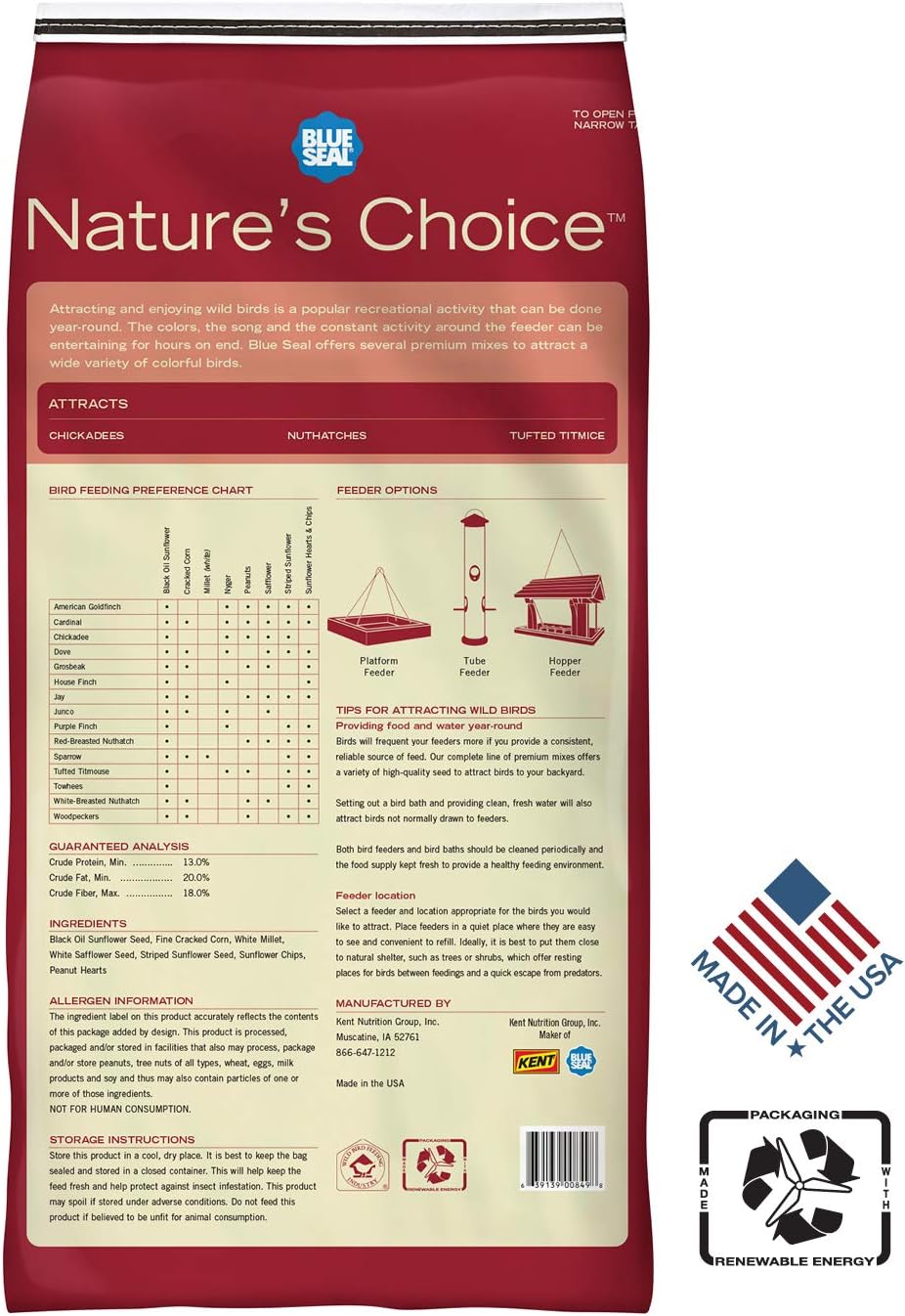 Blue Seal Nature's Choice Wild Bird Seed | High Energy Blend, Sunflower and White Safflower Seeds, No Filler | 20 Pound Bag