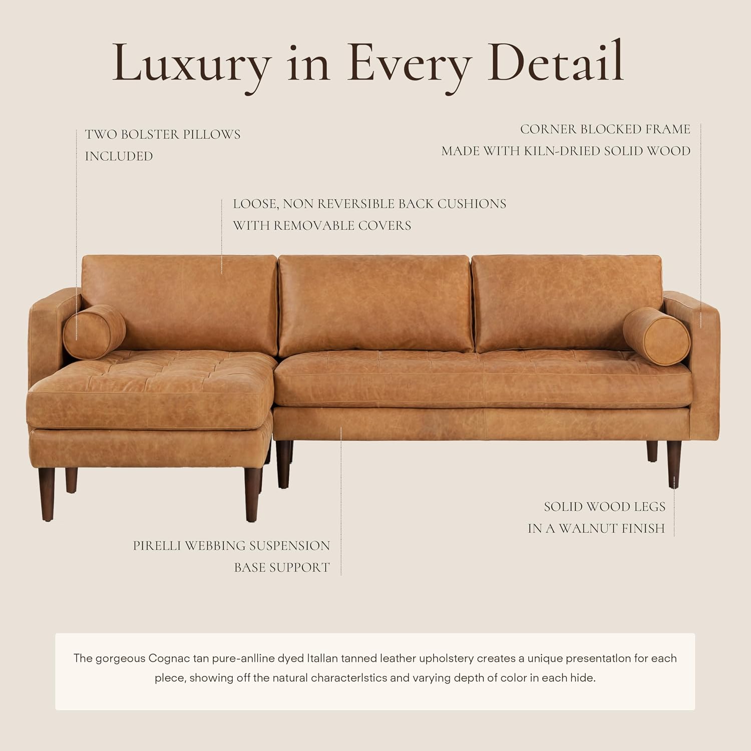 Poly & BARK 55" Tufted Leather Bed Bench for Bedroom End of Bed - Living Room Entry Way Bench - Pure Italian Leather Upholstery with a Solid Wood Frame - Ottoman Bench with Wooden Legs - Cognac Tan