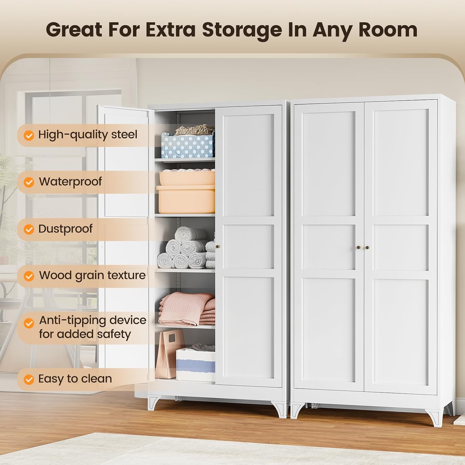 Metal Storage Cabinet with 2 Doors and 4 Adjustable Shelves - 61" White Kitchen Pantry Storage 5-Tier Tall Steel Cabinets Locker for Kitchen, Living Room, Dining Room