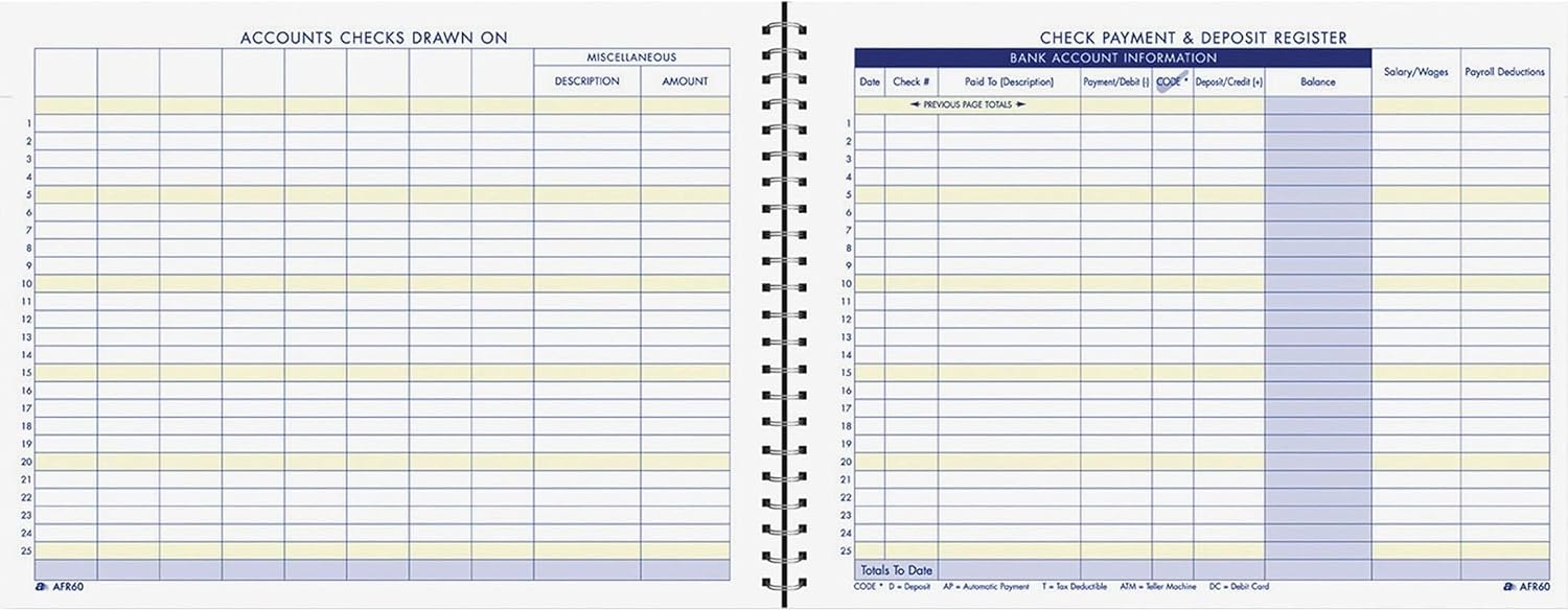 Adams Check Payment and Deposit Register, 8-1/2" x 11", 44 Pages (AFR60), White