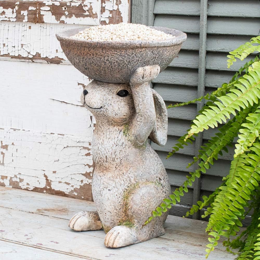 Breck's Uplifting Bunny Birdfeeder Garden Statue - Enhance Your Yard or Landscape