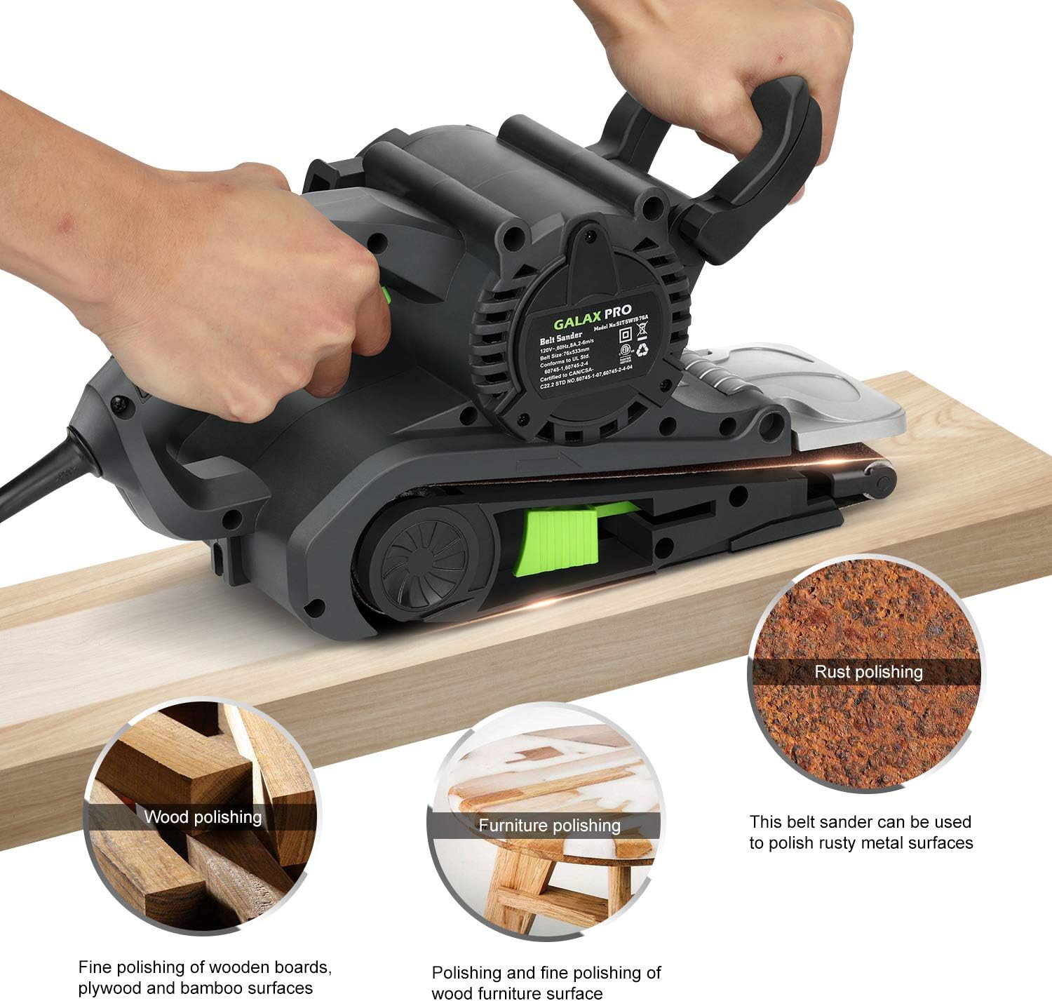 GALAX PRO 1010W Belt Sander, 120-380 RPM 6-Variable Speed Settings | Electric Sander with 5 Sanding Belts(76x533 MM), Dust Bag,for wood