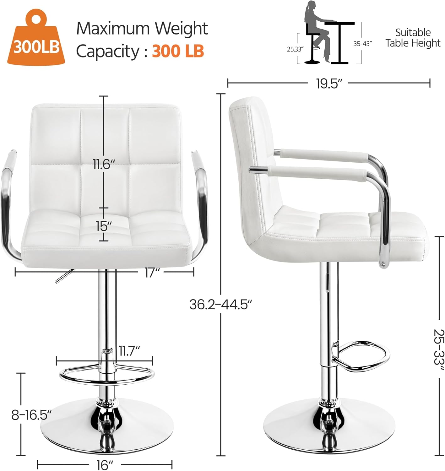 Yaheetech Bar Stools Set of 2, Swivel with Backs, Adjustable Height, White | 360° Swivel Barstools Feature Padded PU Leather Seats, Supportive Backs, 300 lb Capacity for Kitchen Islands