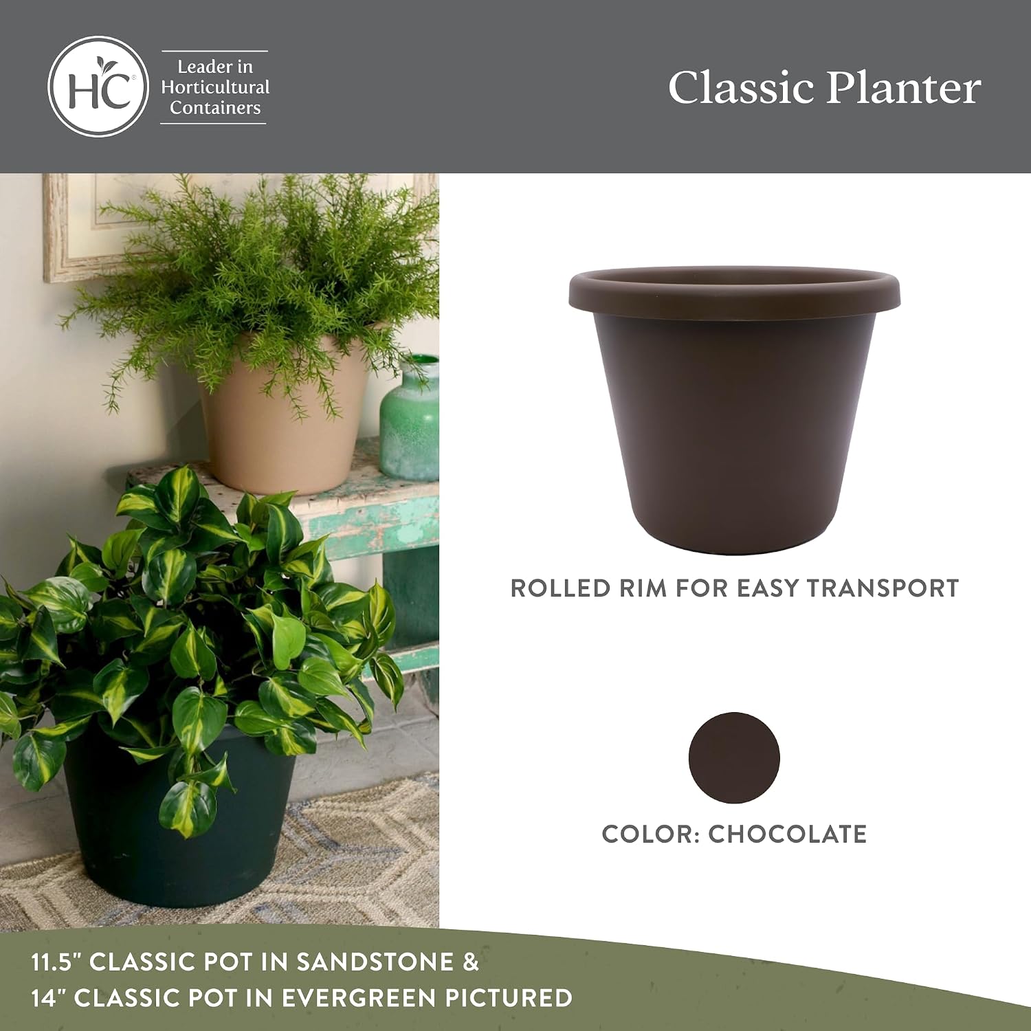 The HC Companies Classic Round Plastic Plant Pot w/Rolled Rim - Lightweight & UV Resistant Flower Pot for Herbs & More - Outdoor & Indoor Plant Pots w/Drainage (15.5 inch Warm Gray, Pack of 1)