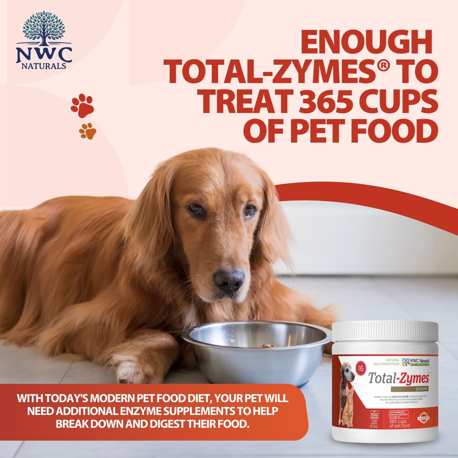 Total-Zymes Digestive Enzymes for Dogs and Cats, 8 oz. Powder | Unflavored Daily Powder, Mix 1 Scoop per Cup of Food, 16 Plant-Based Enzymes and Prebiotic Support Digestion and Absorption