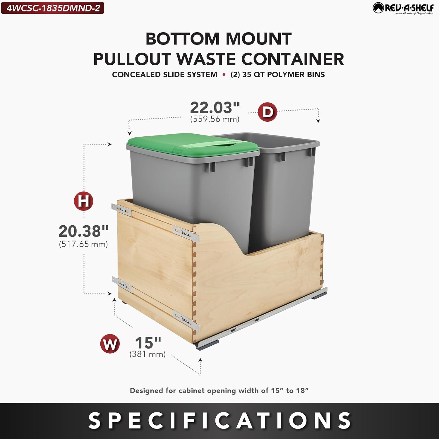 Rev-A-Shelf Pull Out Trash Can for Kitchen Cabinets 35 Qt 8.75 Gal Bottom Mounted, Undermount Soft-Close Slides, Silver, 4WCSC-1835DMND-2