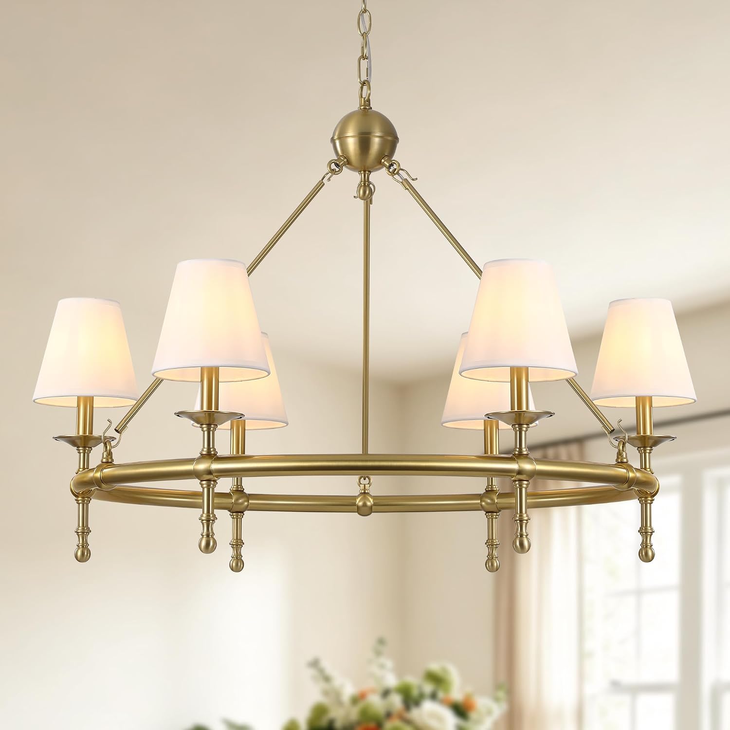 Klgxnrd 6-Light Brushed Gold Wagon Wheel Chandelier with White Fabric Shade | Diameter 34", 5-Layer Electroplated Metal, Height Adjustable 29" To 106"