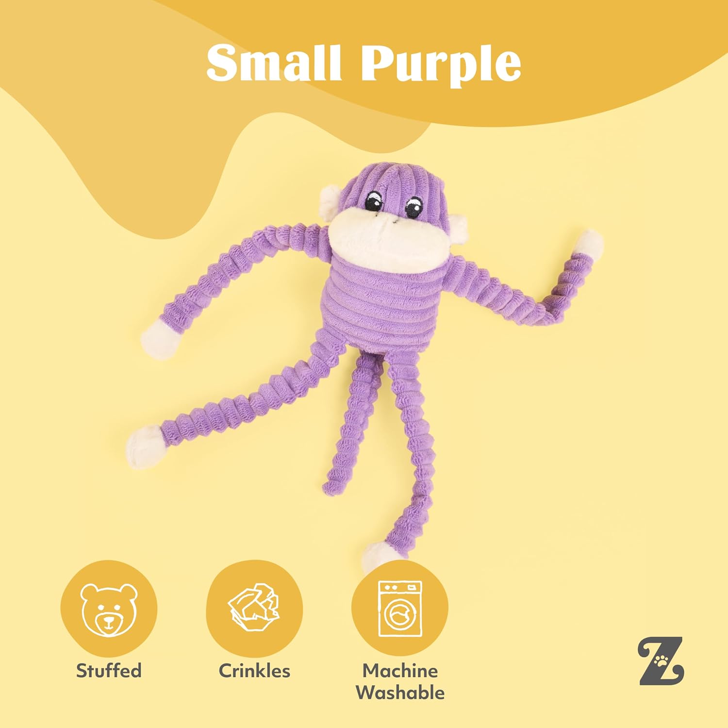 ZippyPaws Crinkle Monkey for Small and Medium Dogs - Small, Purple | Interactive Dog Toys to Keep Them Busy, Squeaky Plush Pet Toy for All Breeds