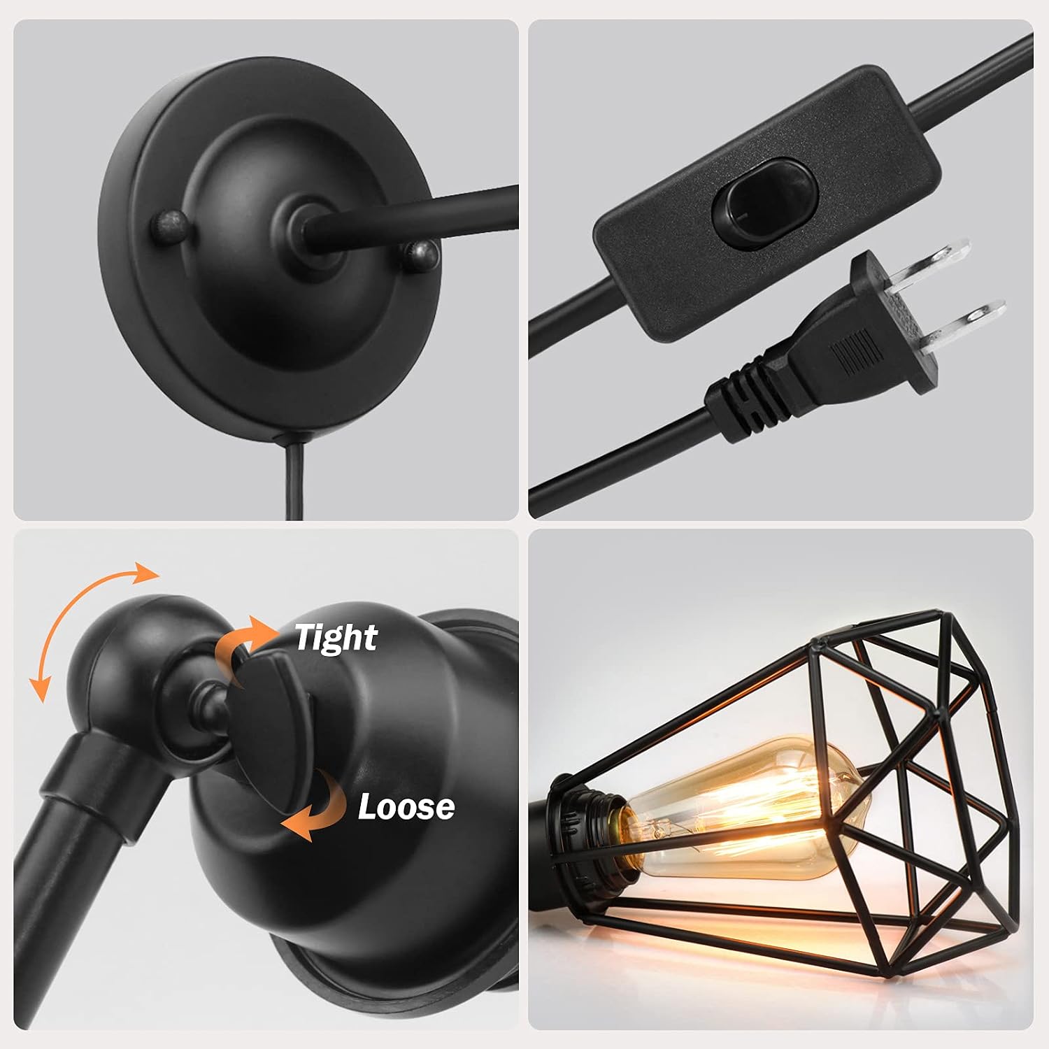 WimiSom Plug in Wall Sconce, Wire Cage, Industrial Wall Lamp with Plug in Cord, Rustic Sconce Fixture