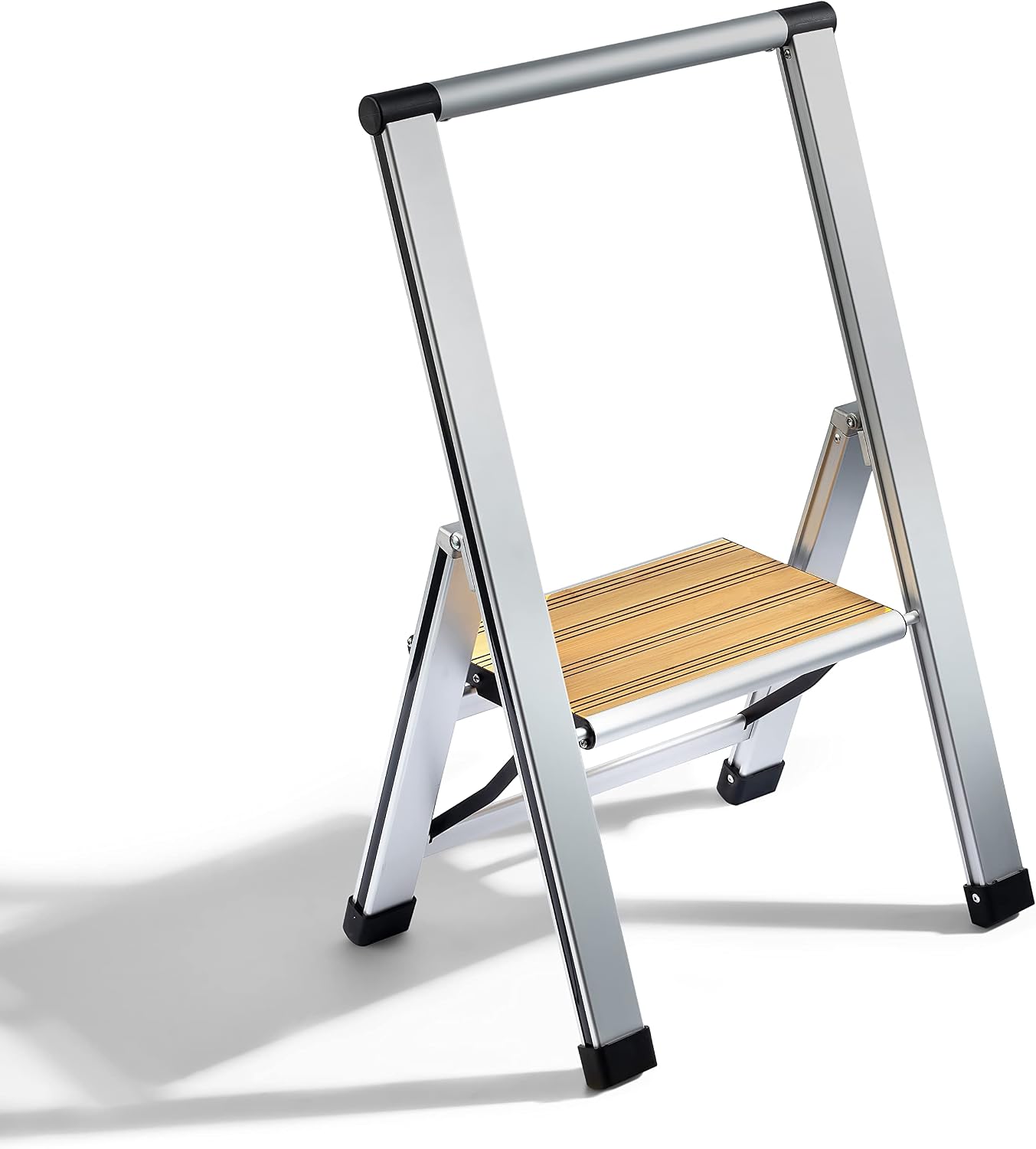 Step Ladder 2 Step Folding, Decorative - Beautiful Bamboo & Silver Aluminum, Ultra Slim Profile, Anti Slip Steps, Sturdy-Portable for Home, Office