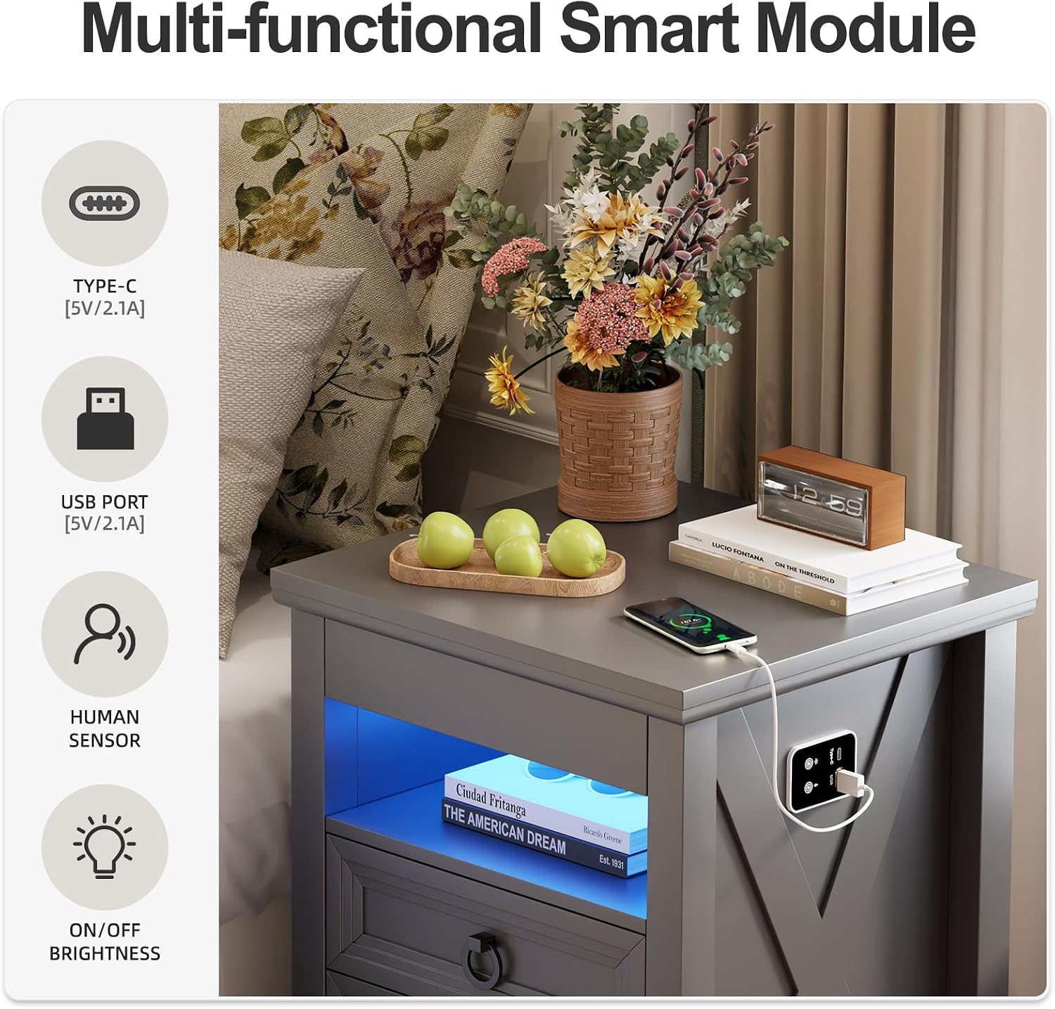 Smart LED Nightstand with Lockable Gun Drawer & Glass Top（Black） | Modern Bedside Table with Charging Station and Hidden Storage, LED Night Stand with 4 Drawers & Motion Sensor for Bedroom