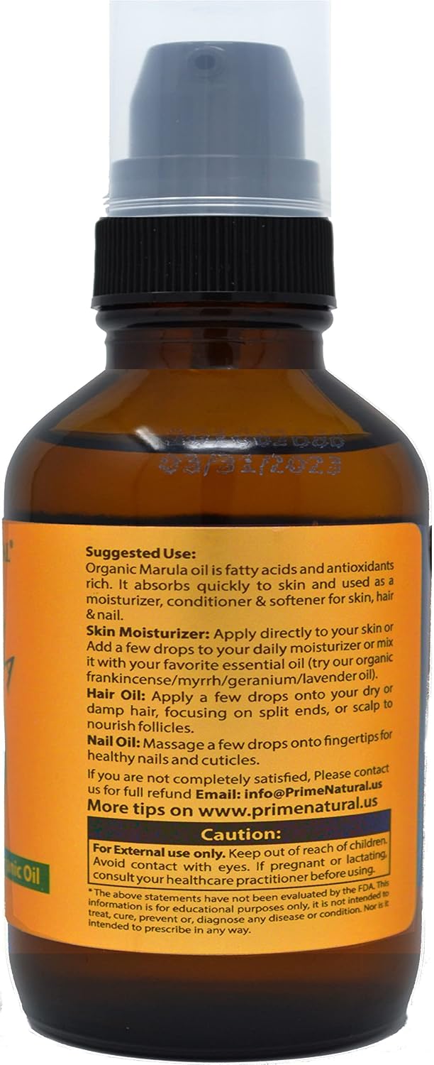 PRIME NATURAL Organic Marula Oil, Pure, Cold Pressed, USDA Certified - 4oz