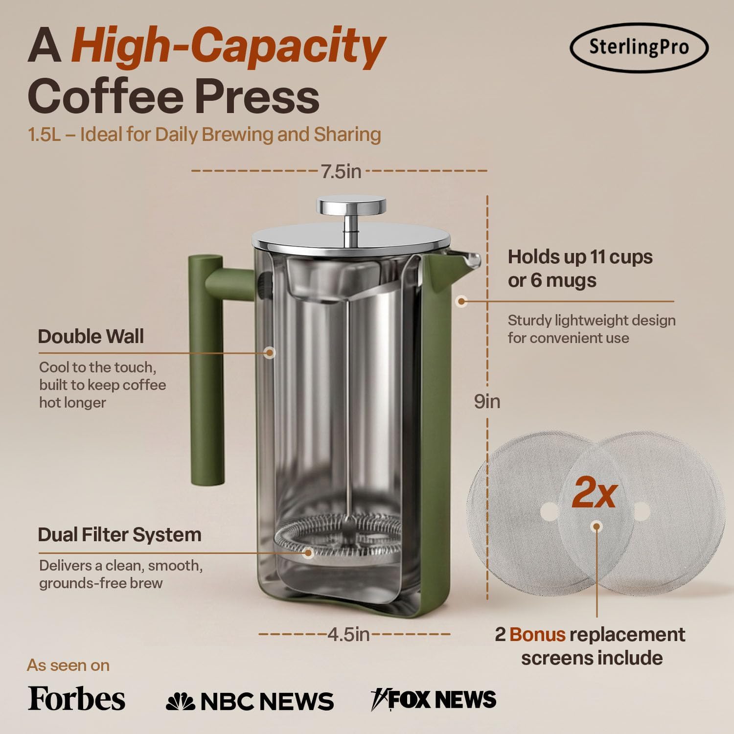 SterlingPro Large Insulated Stainless Steel French Press Coffee Maker 51oz Capacity (44 oz Brew Yield) – Double Wall Metal Coffee Press | Plastic Free | Cool-Touch | Mirror Finish | 12 Cups / 6 Mugs