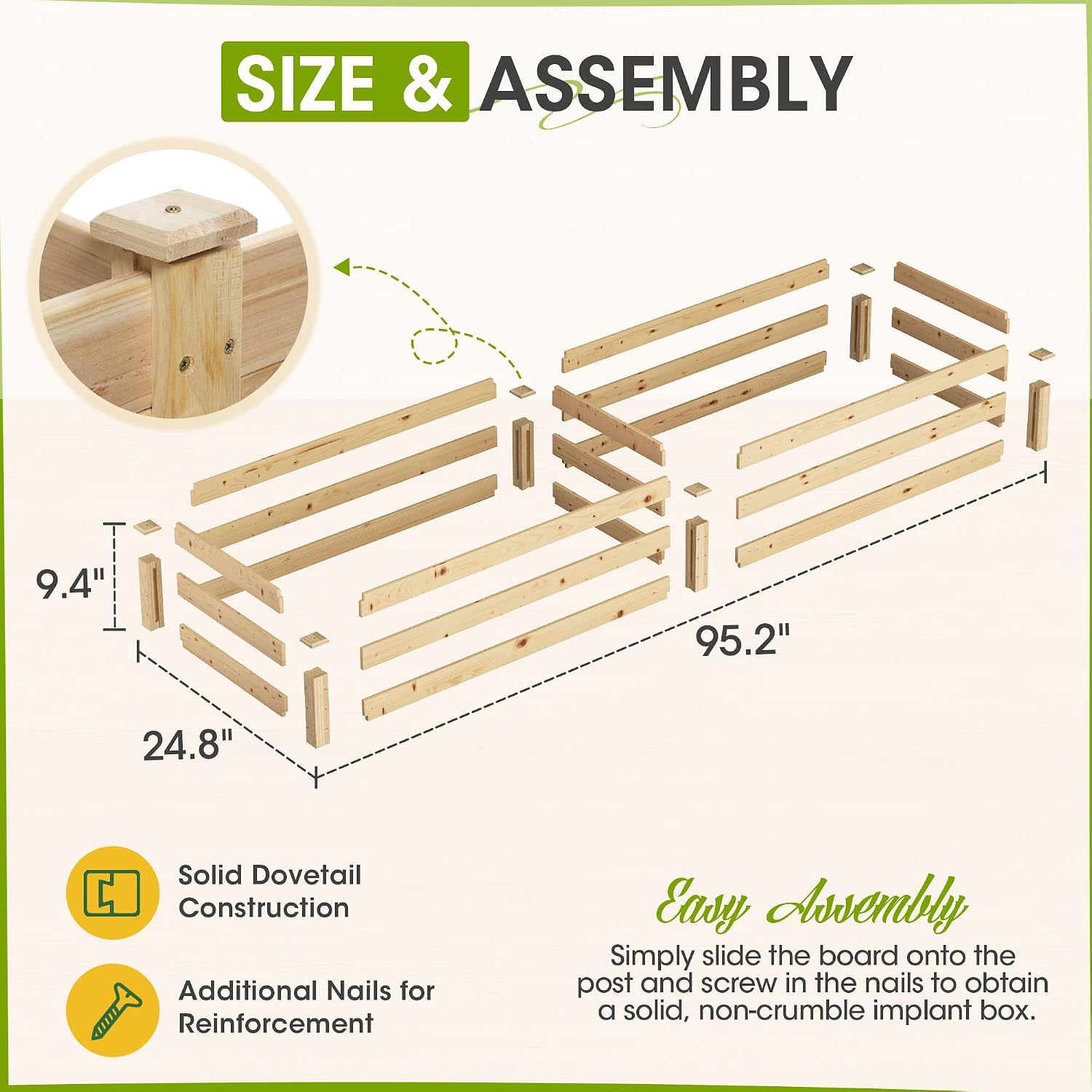 Crownland Outdoor Gardens 8 ft Raised Garden Bed Wooden Patio Raised Beds Backyard Elevated Planter Box Grow Vegetables Fruits Herb Yard Fast Easy