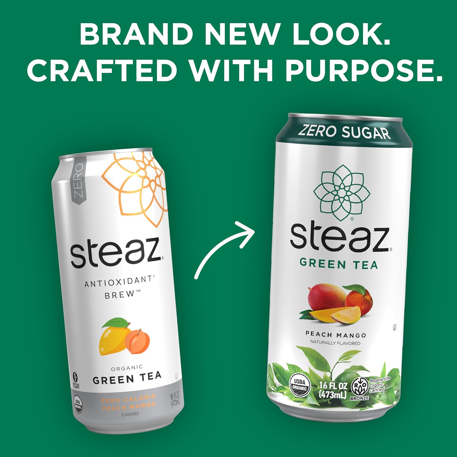 Steaz - Organic Green Tea - Peach (12 Pack) - 30mg Natural Caffeine, 70 Calories,Cane Sugar - Sweetened Iced Tea - Regenerative Organic Certified®️ - Vegan, Direct Trade - 12 Cans, 16 fl oz