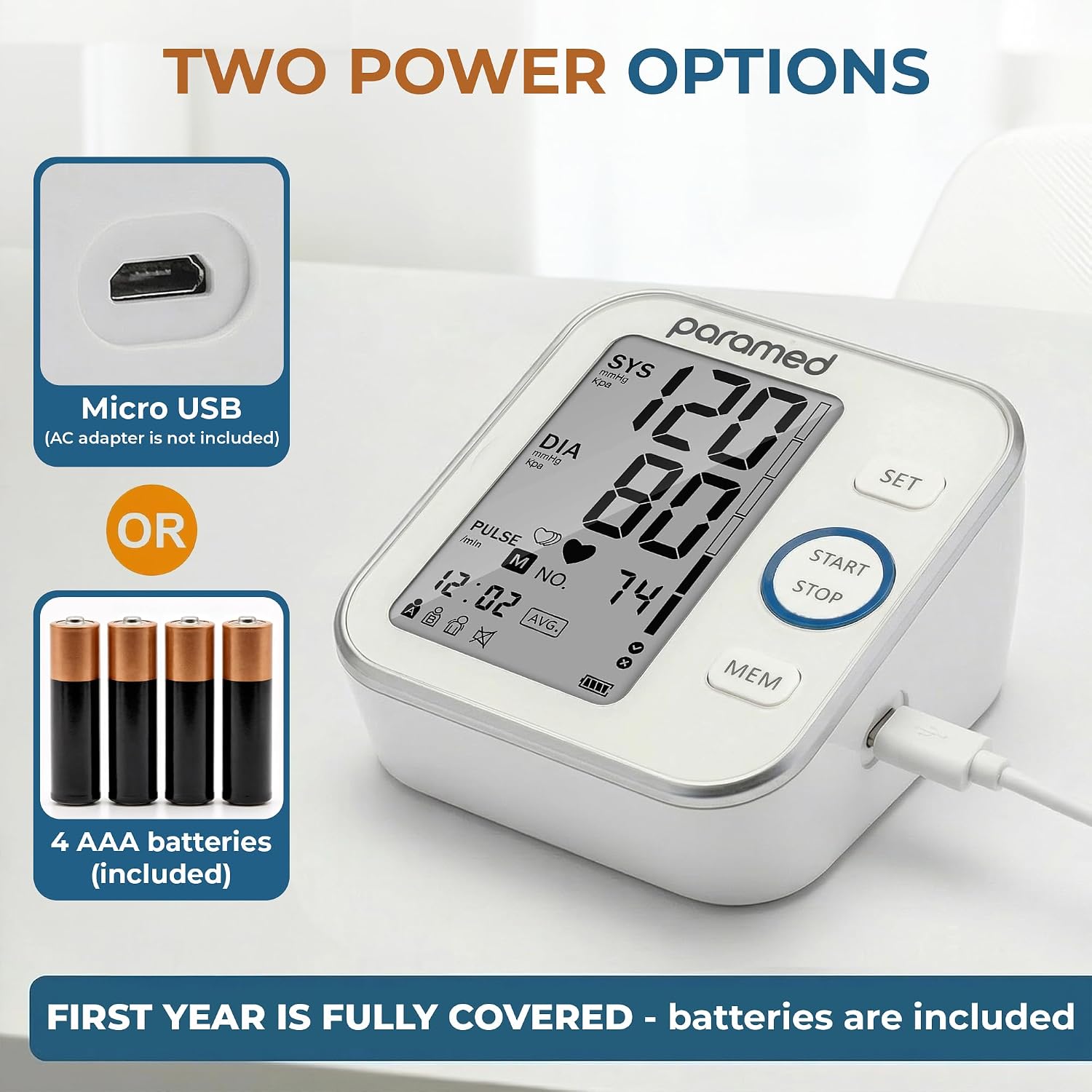 Paramed Blood Pressure Monitor - Bp Machine - Automatic Upper Arm Blood Pressure Cuff 8.7-16.5 inches - Large LCD Display 120 Sets Memory - Device