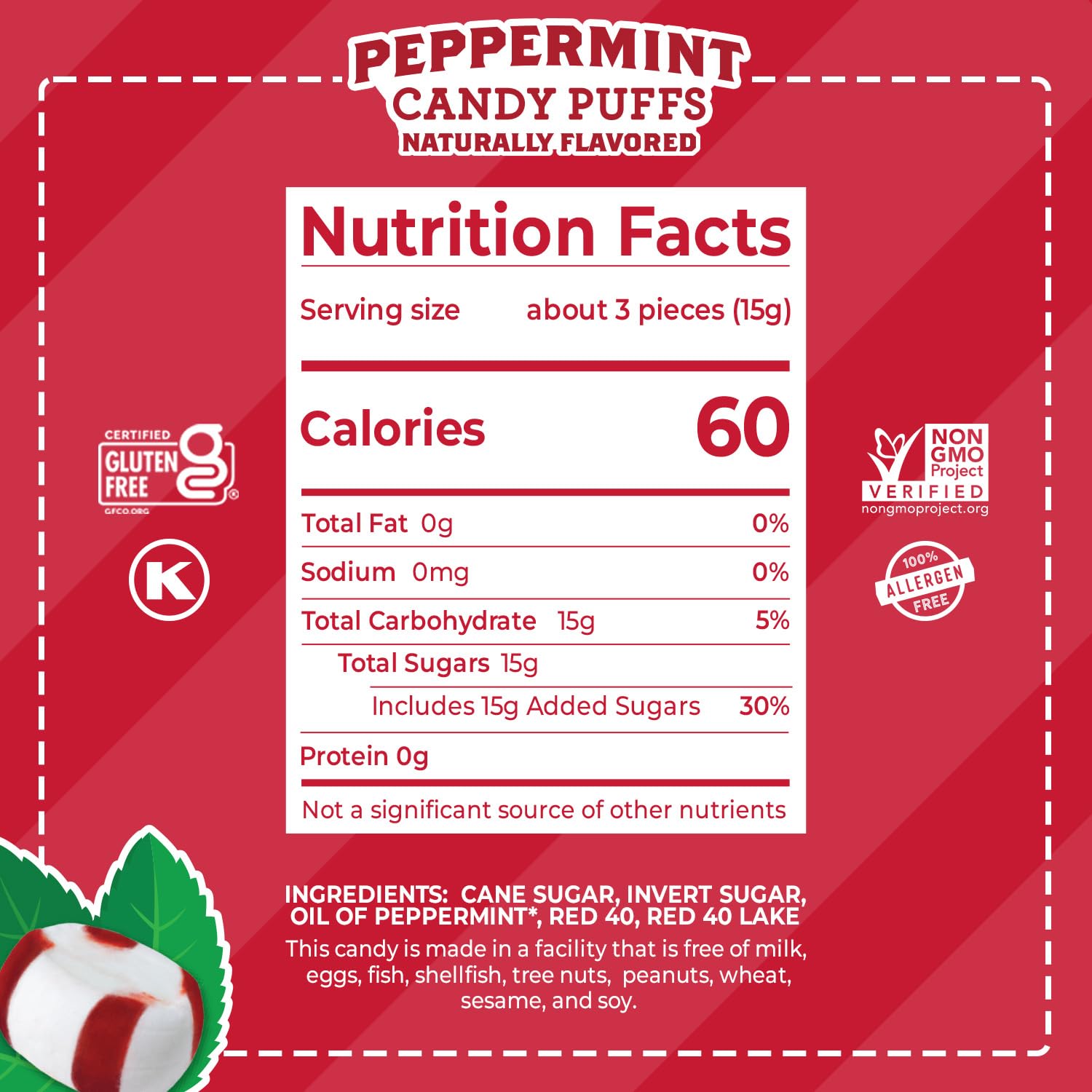 Red Bird Soft Peppermint Candy Mint Puffs, Individually Wrapped, 46 oz bag | Top 9 Allergen Free